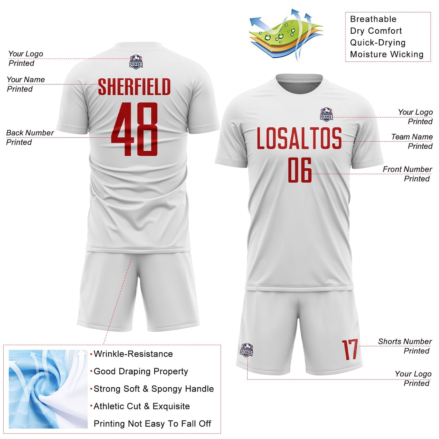 Custom White Red Sublimation Soccer Uniform Jersey view 4