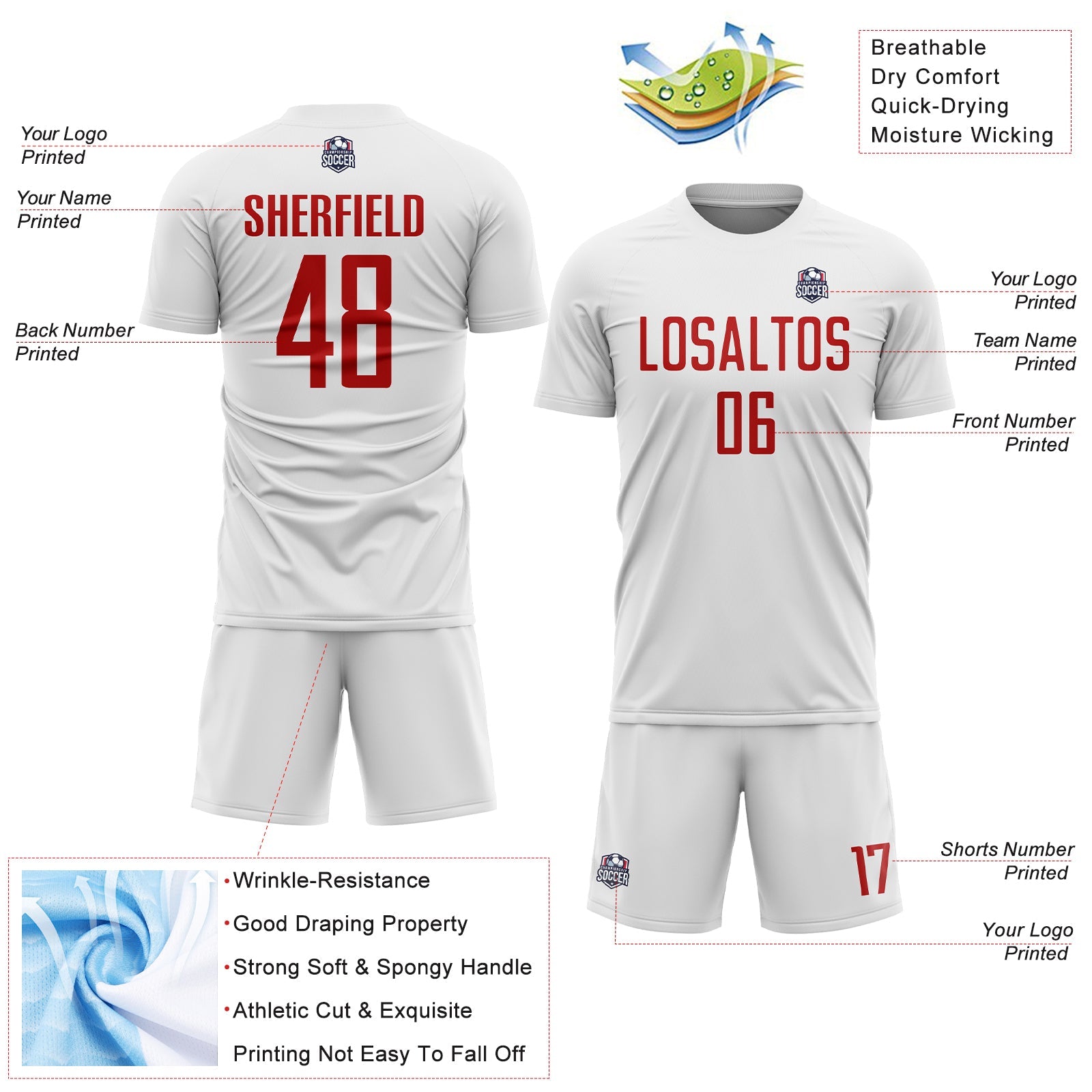 Custom White Red Sublimation Soccer Uniform Jersey view 4