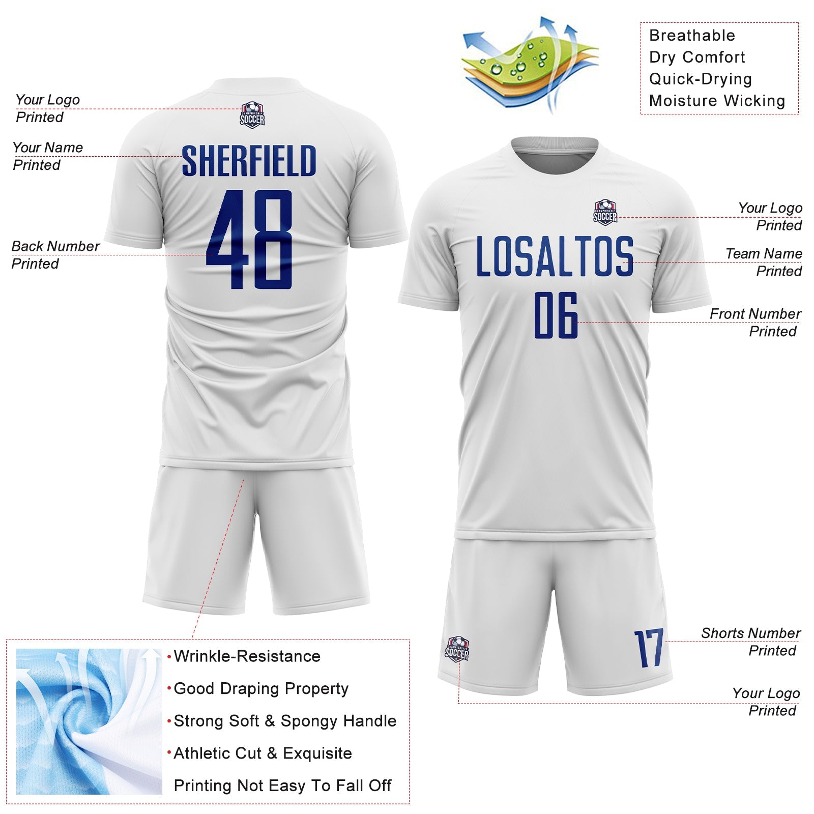 Custom White Royal Sublimation Soccer Uniform Jersey view 4