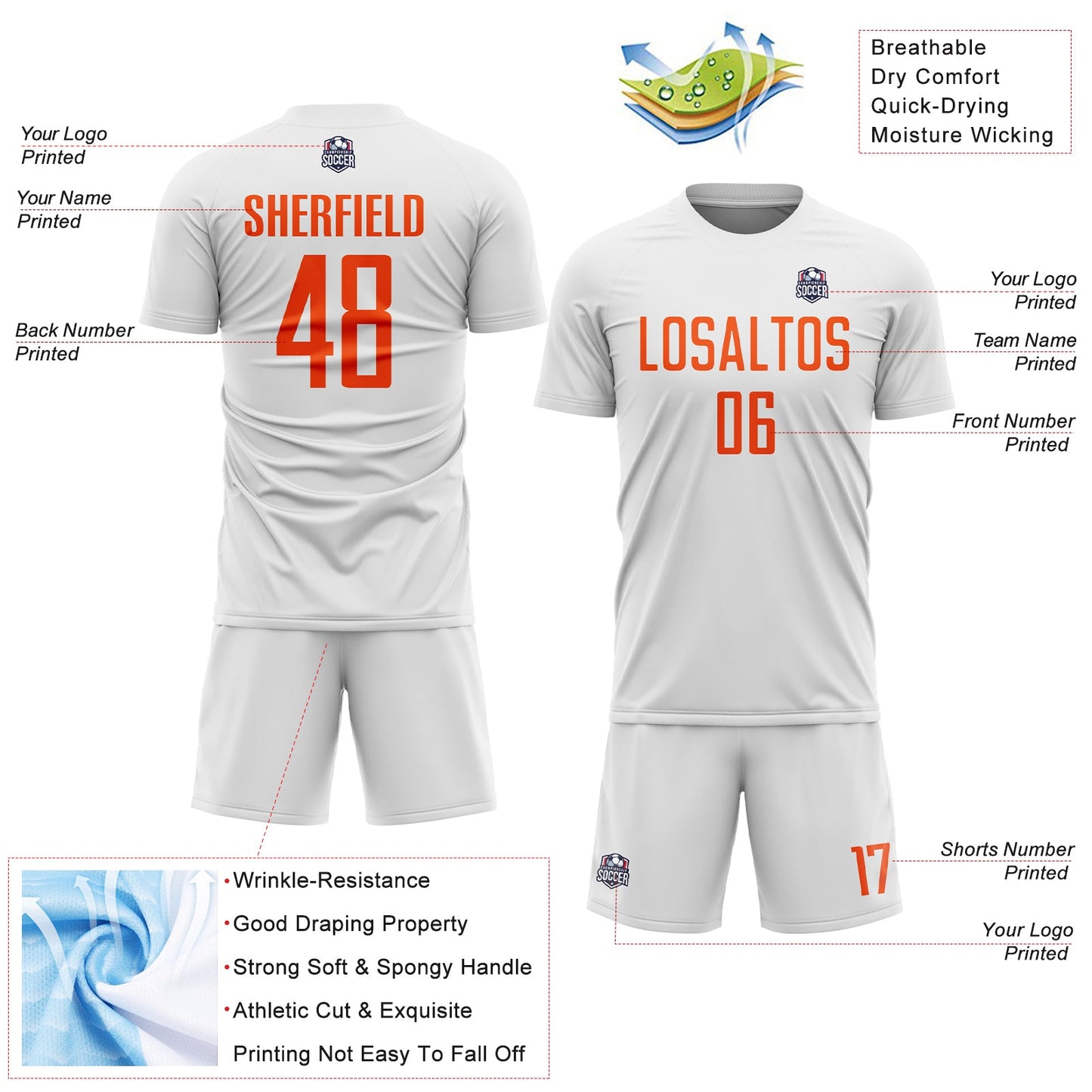 Custom White Orange Sublimation Soccer Uniform Jersey view 4
