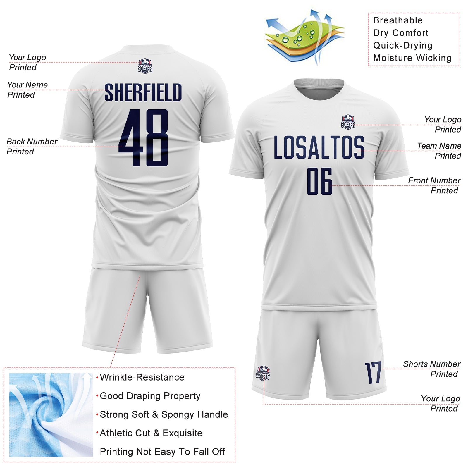 Custom White Navy Sublimation Soccer Uniform Jersey view 4