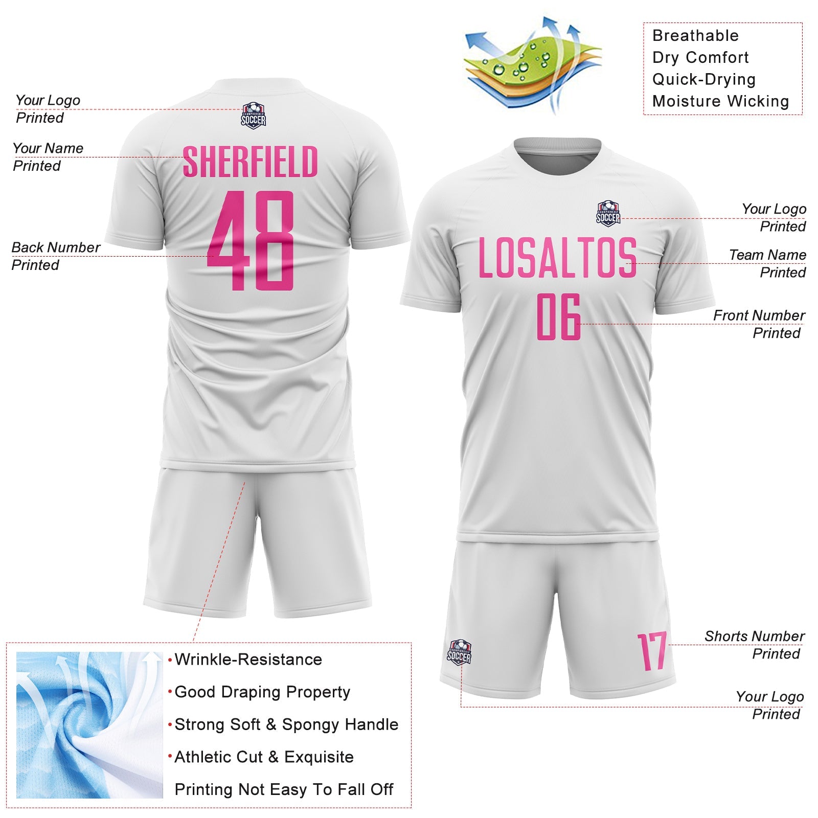Custom White Pink Sublimation Soccer Uniform Jersey view 4