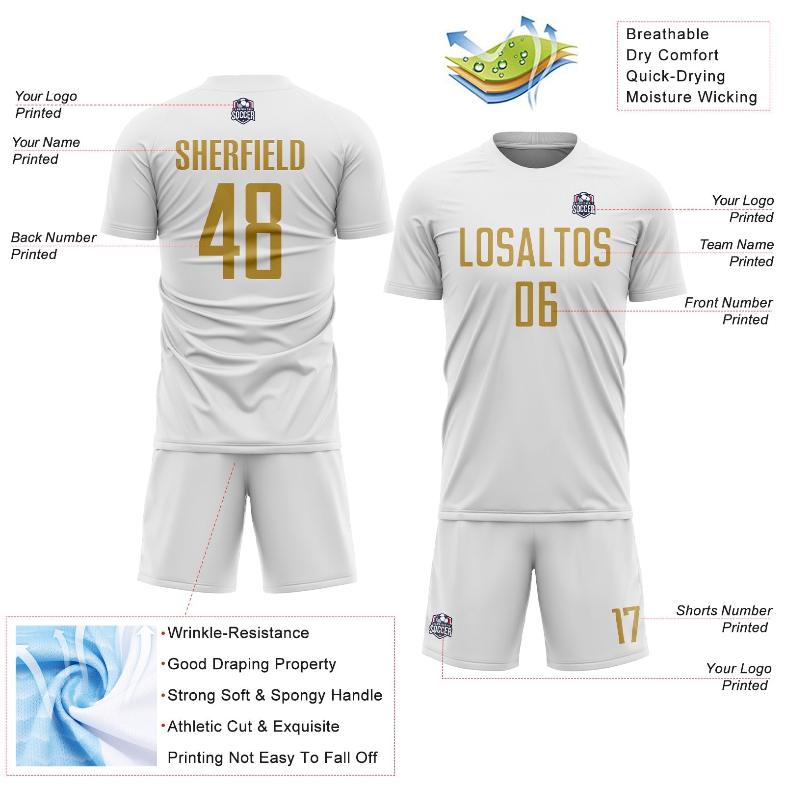 Custom White Old Gold Sublimation Soccer Uniform Jersey view 4