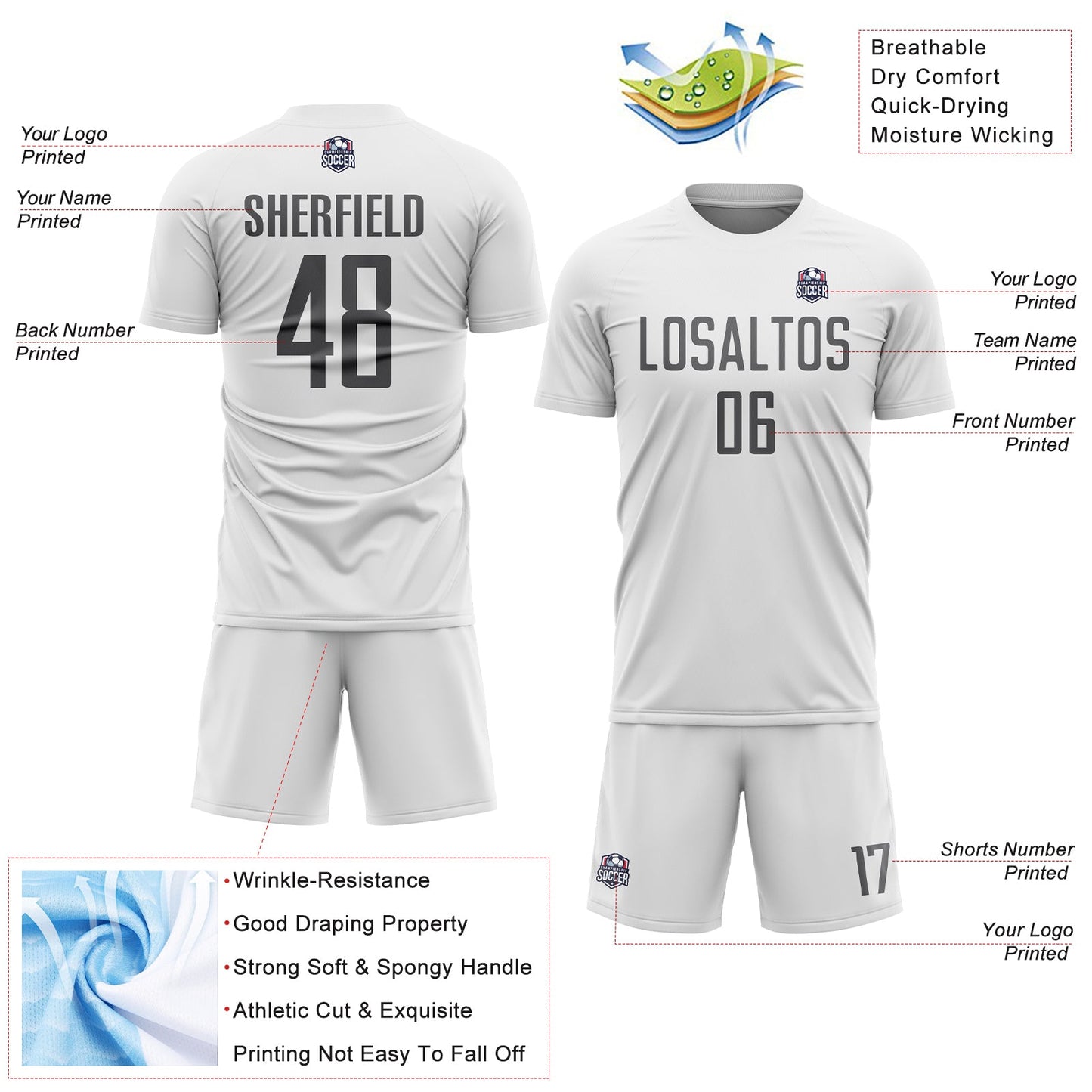 Custom White Steel Gray Sublimation Soccer Uniform Jersey view 4