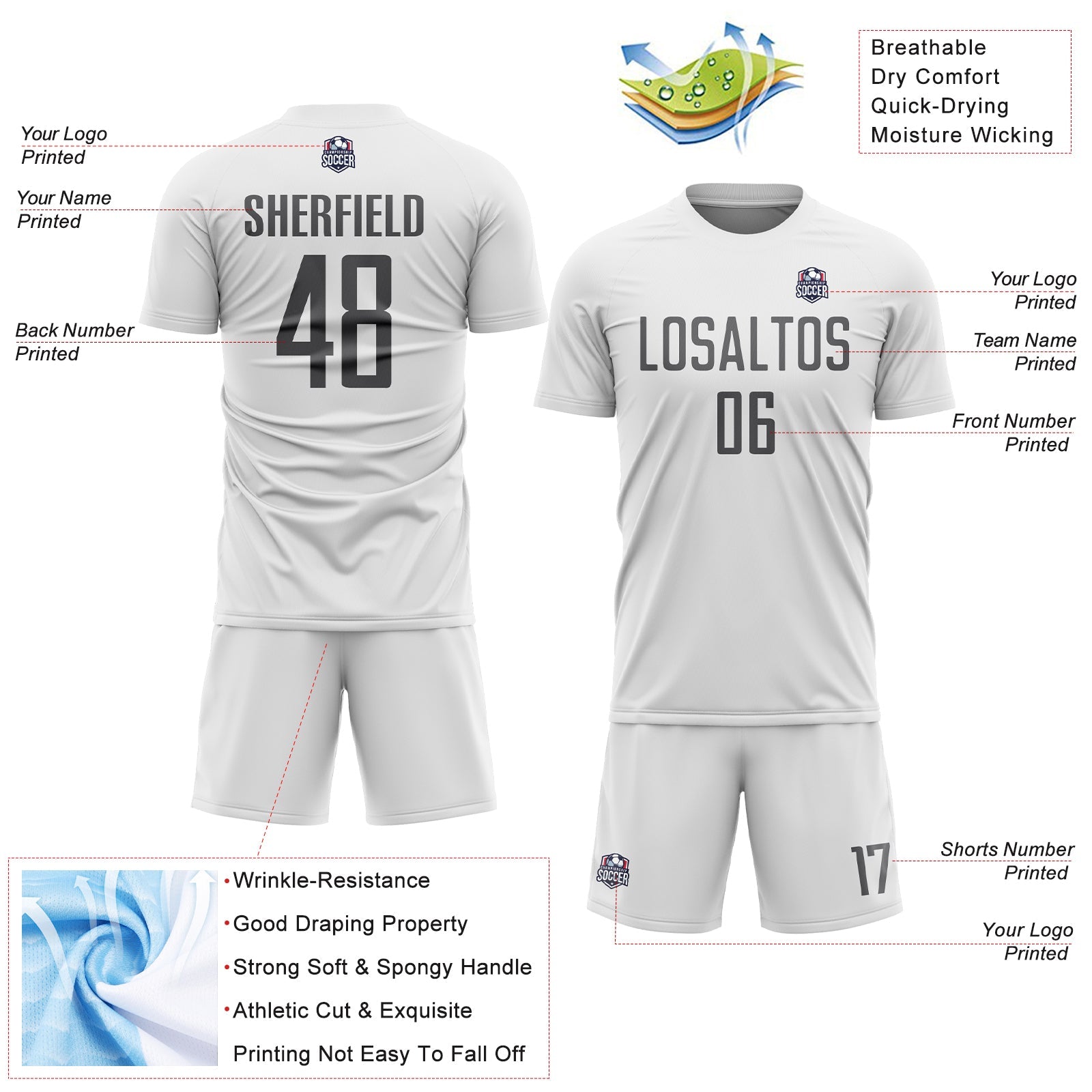 Custom White Steel Gray Sublimation Soccer Uniform Jersey view 4
