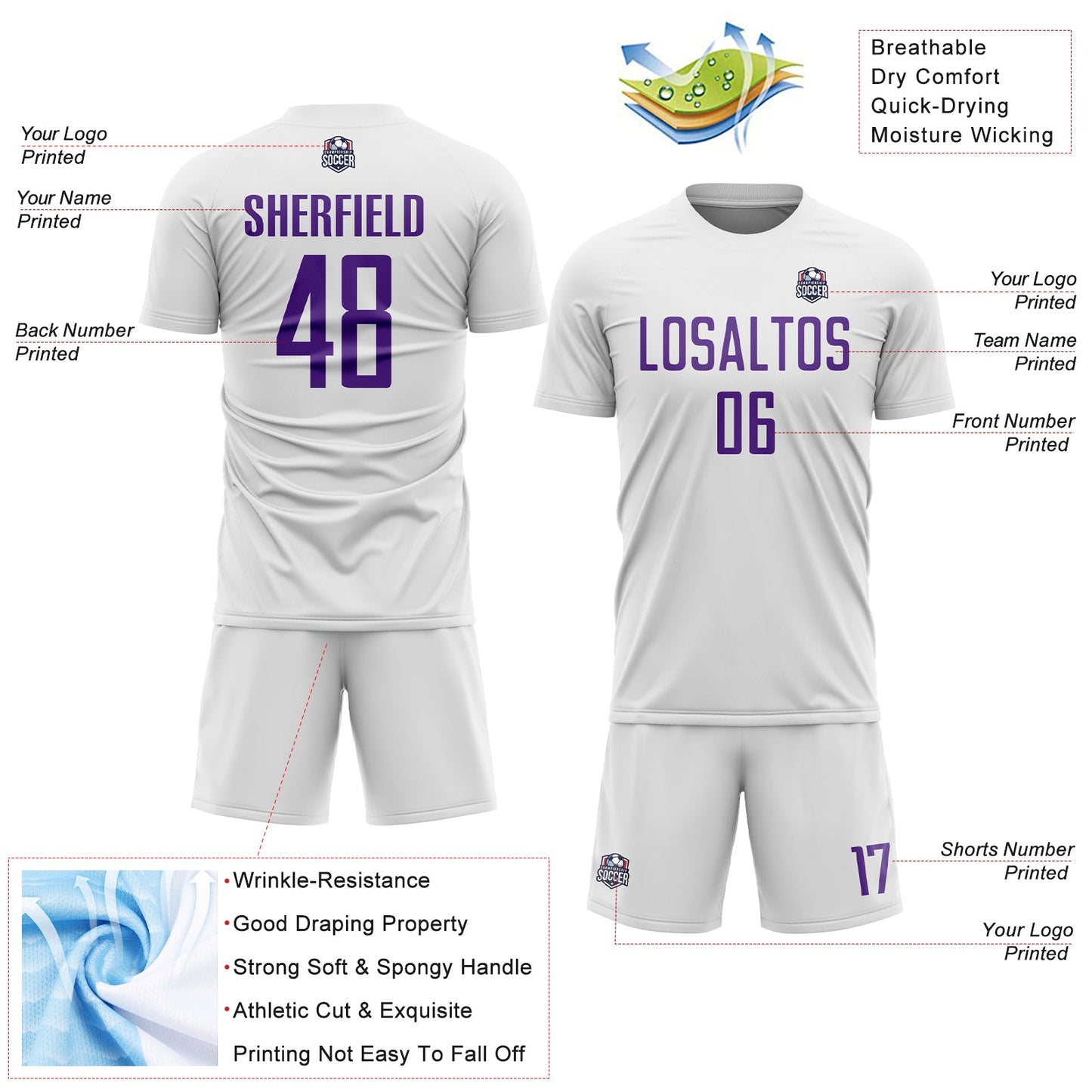 Custom White Purple Sublimation Soccer Uniform Jersey view 4