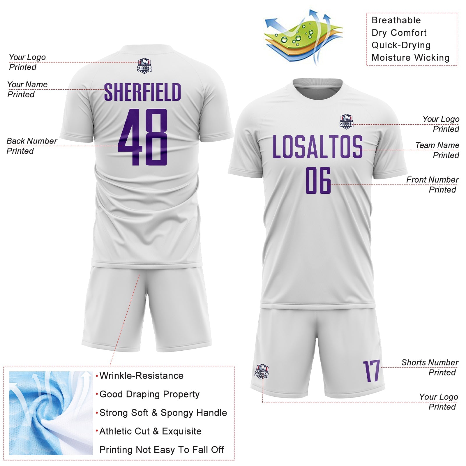 Custom White Purple Sublimation Soccer Uniform Jersey view 4