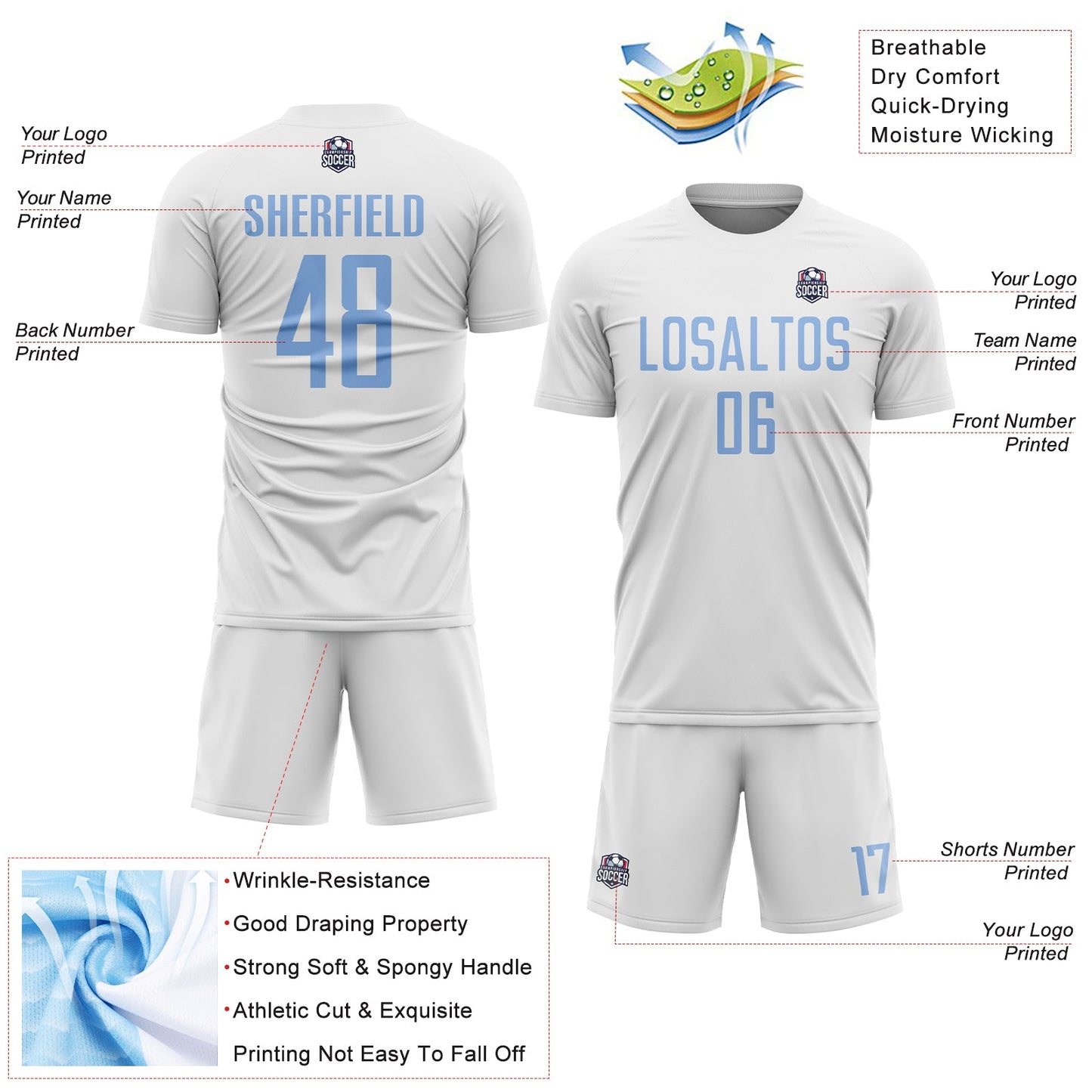 Custom White Light Blue Sublimation Soccer Uniform Jersey view 4
