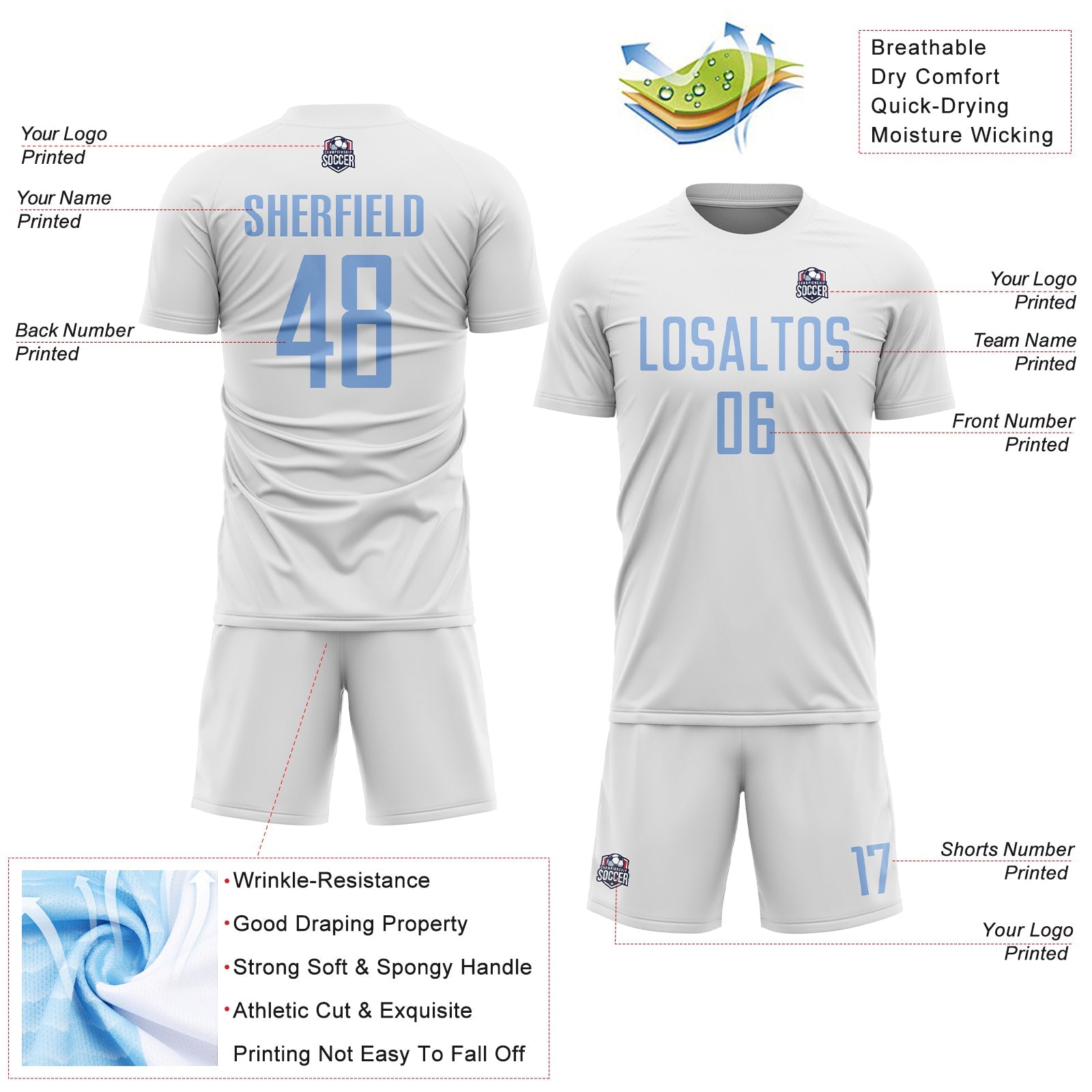 Custom White Light Blue Sublimation Soccer Uniform Jersey view 4