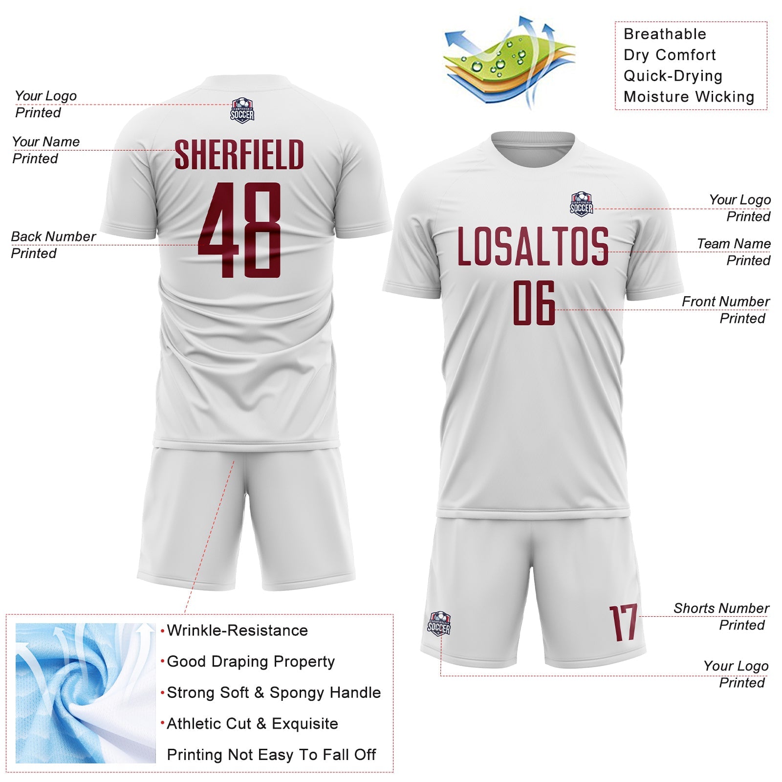 Custom White Crimson Sublimation Soccer Uniform Jersey view 4