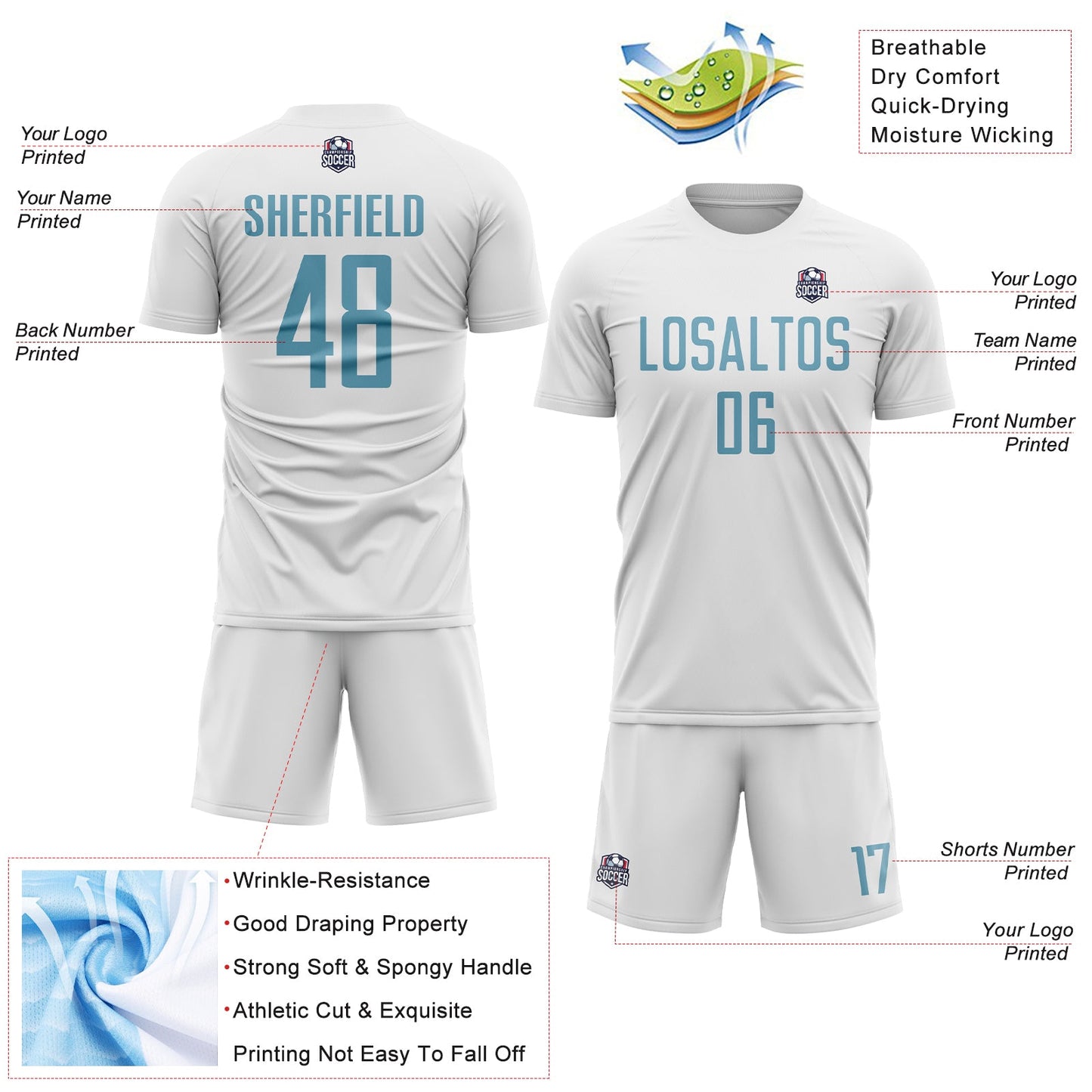 Custom White Shadow Blue Sublimation Soccer Uniform Jersey view 4