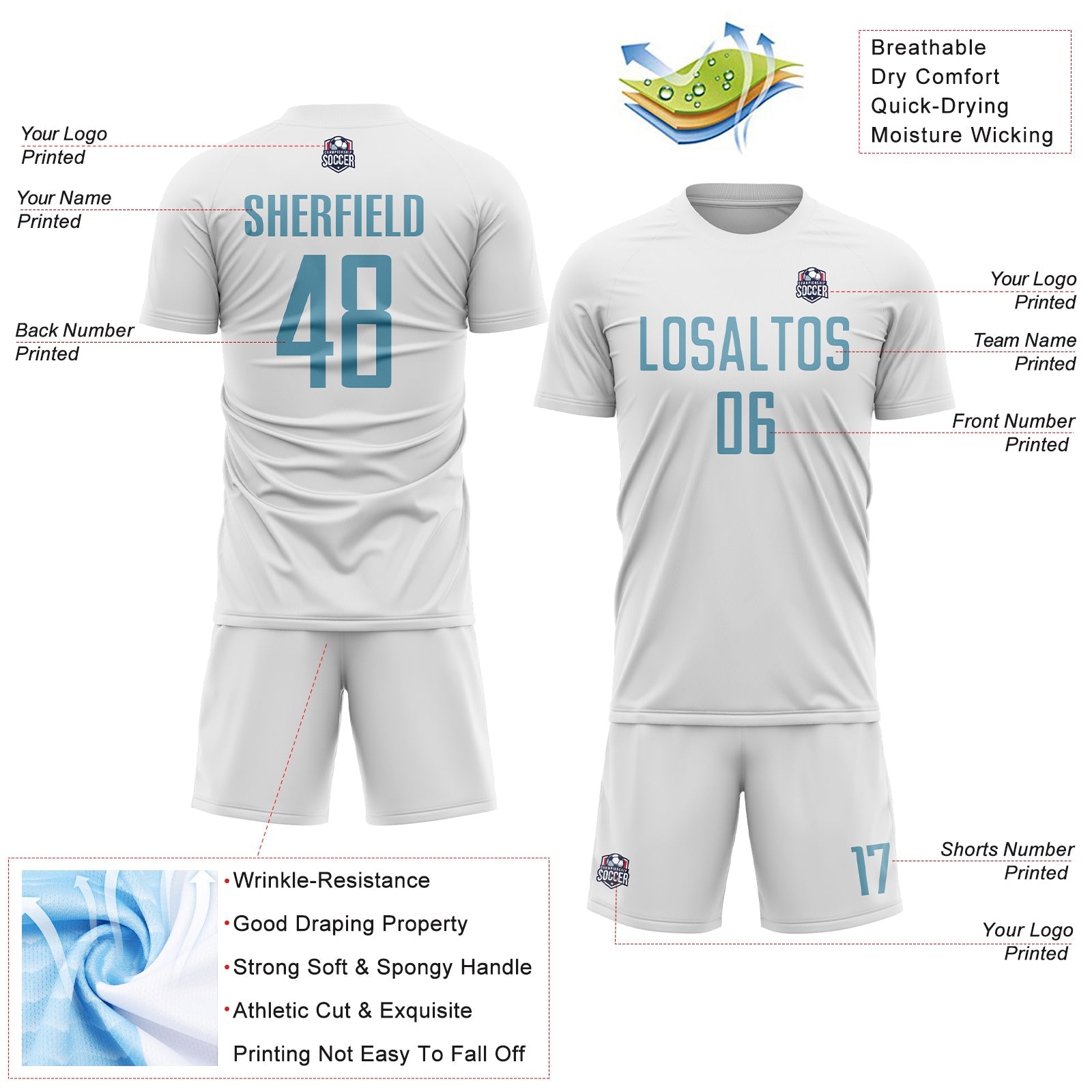 Custom White Shadow Blue Sublimation Soccer Uniform Jersey view 4