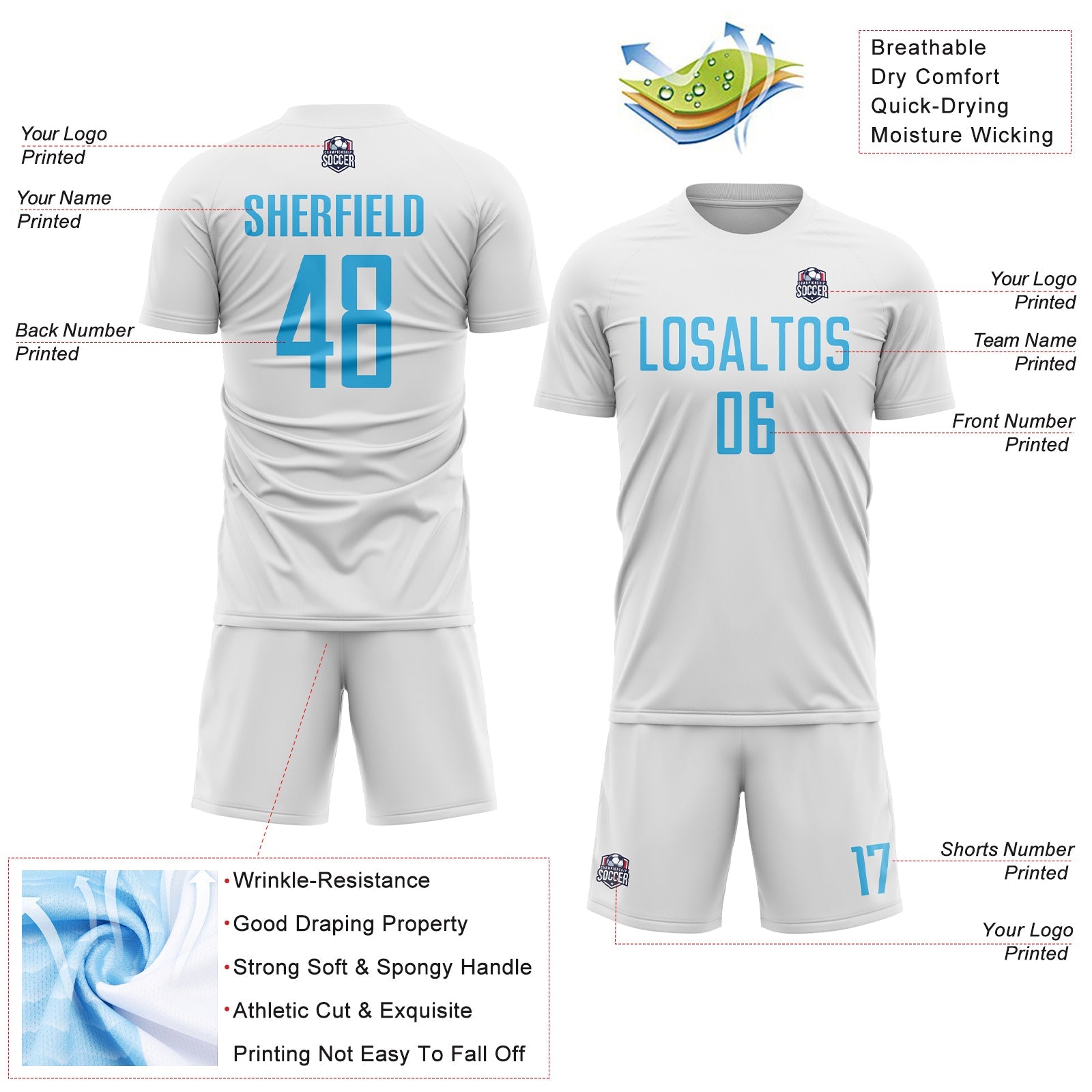 Custom White Sky Blue Sublimation Soccer Uniform Jersey view 4