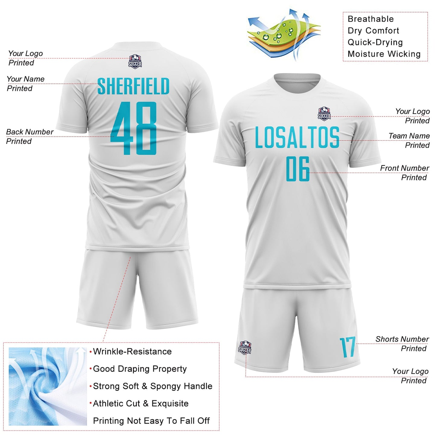 Custom White Lakes Blue Sublimation Soccer Uniform Jersey view 4