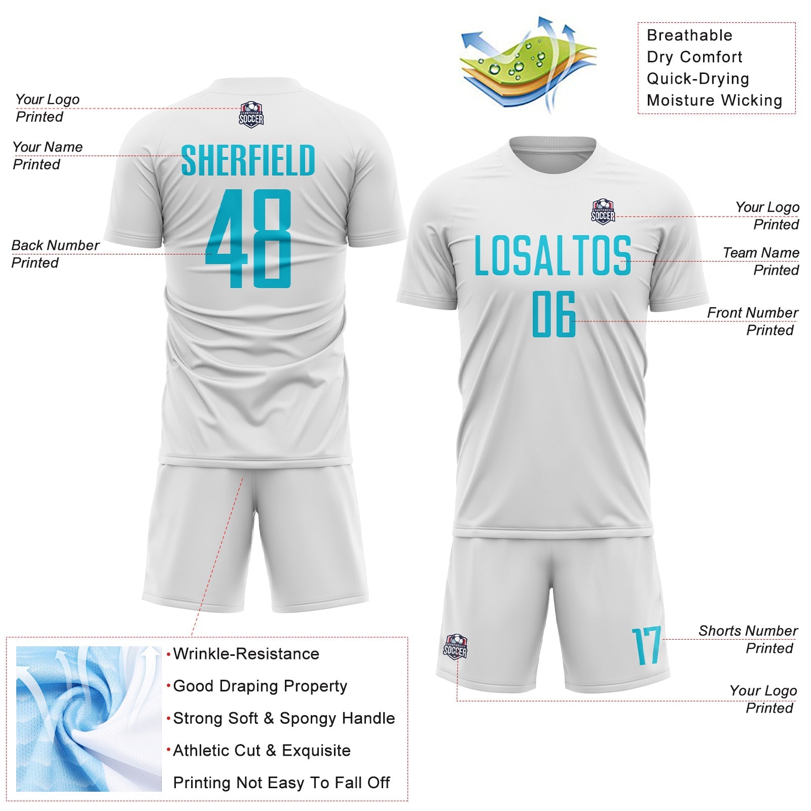 Custom White Lakes Blue Sublimation Soccer Uniform Jersey view 4
