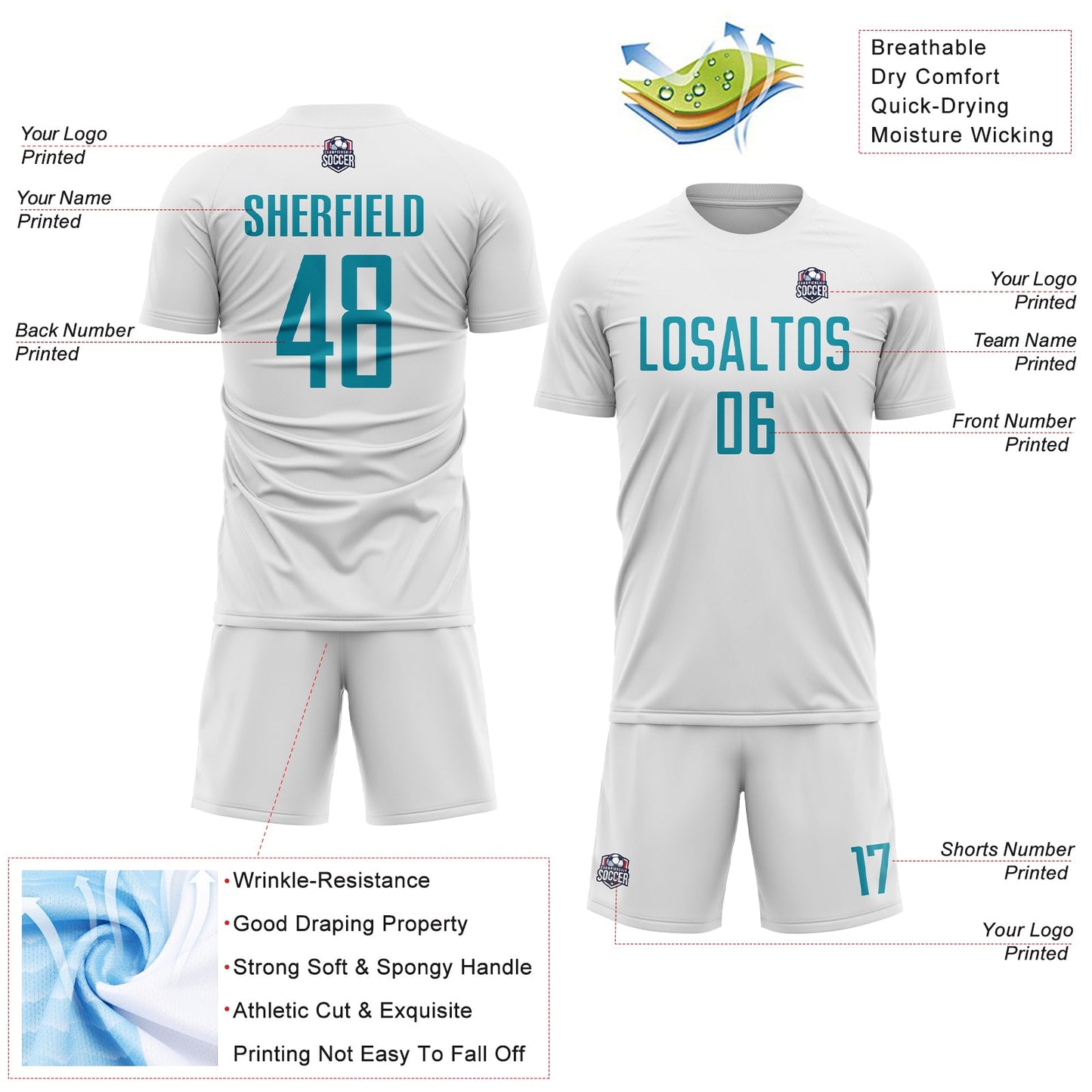 Custom White Teal Sublimation Soccer Uniform Jersey view 4
