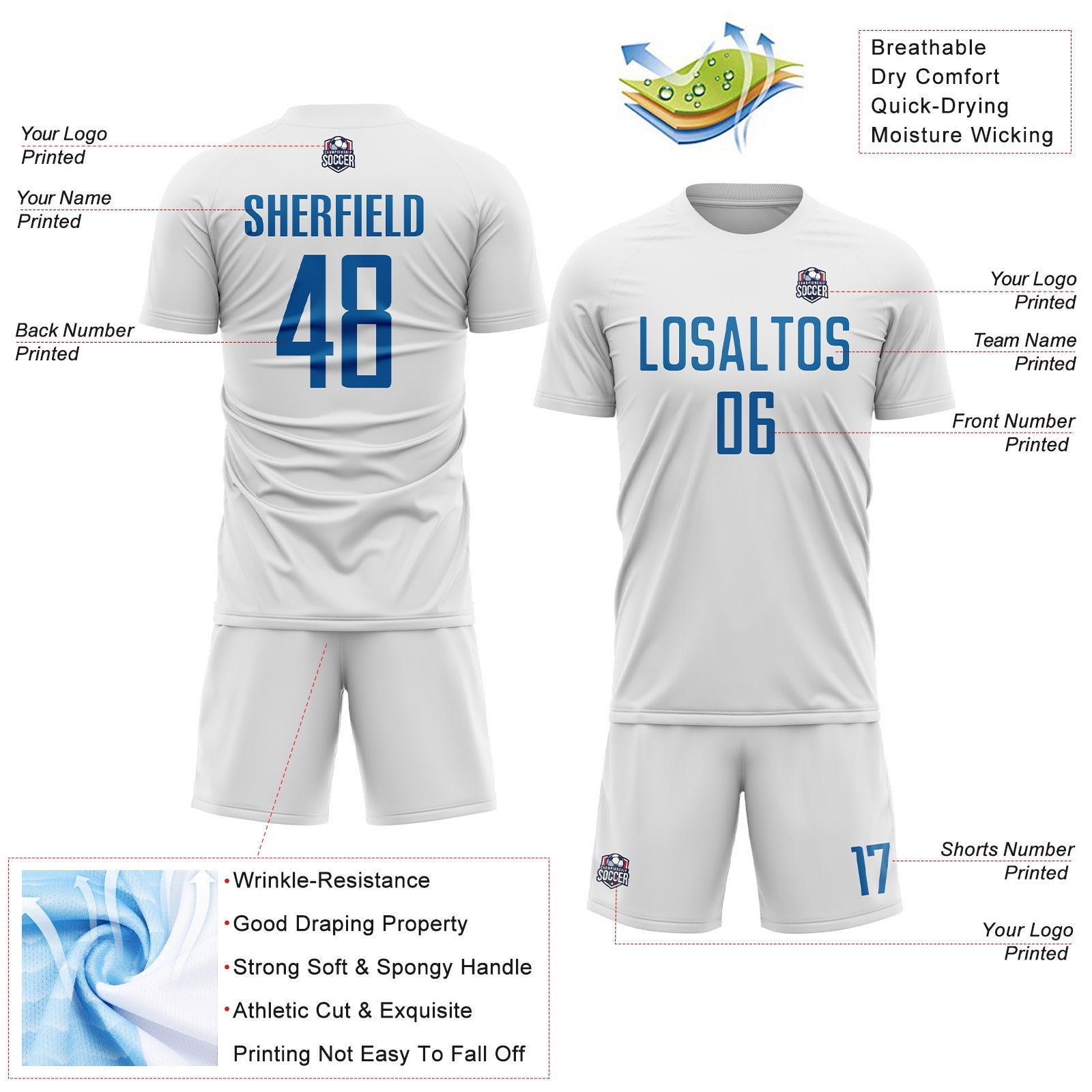 Custom White Blue Sublimation Soccer Uniform Jersey view 4