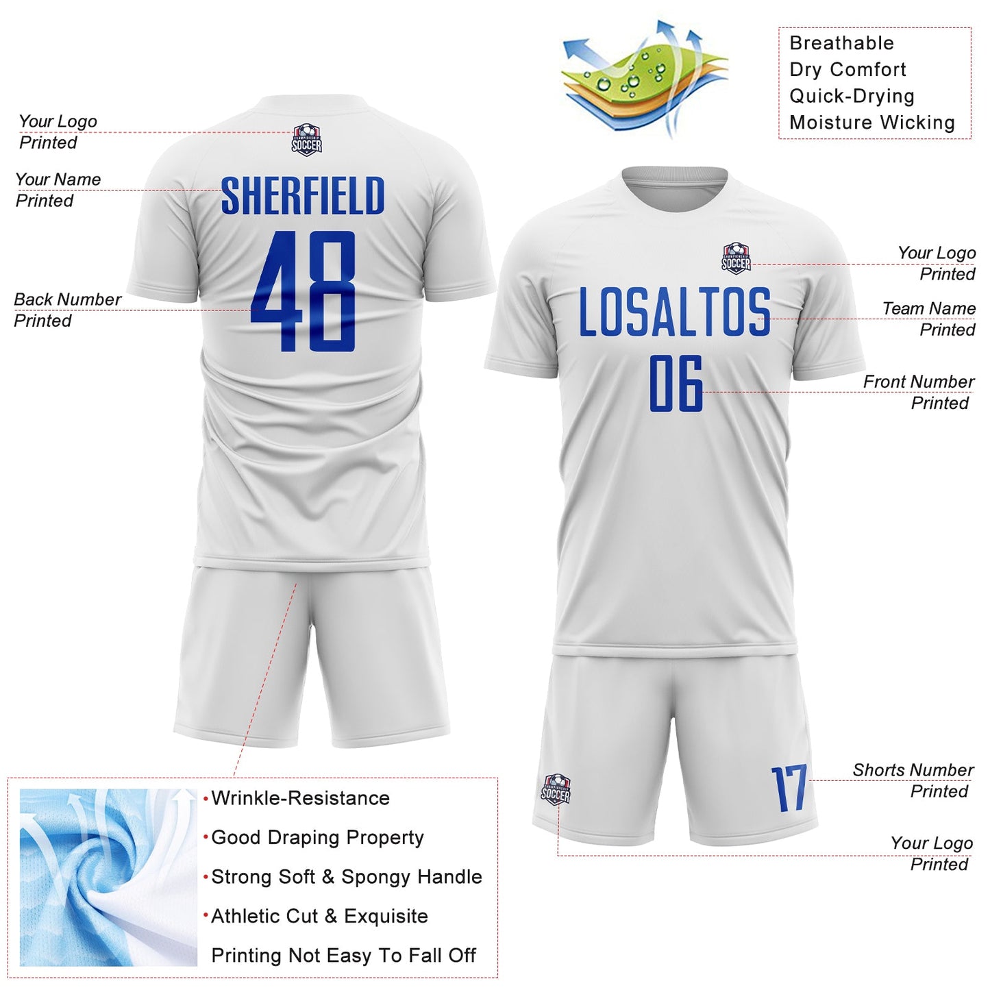 Custom White Thunder Blue Sublimation Soccer Uniform Jersey view 4