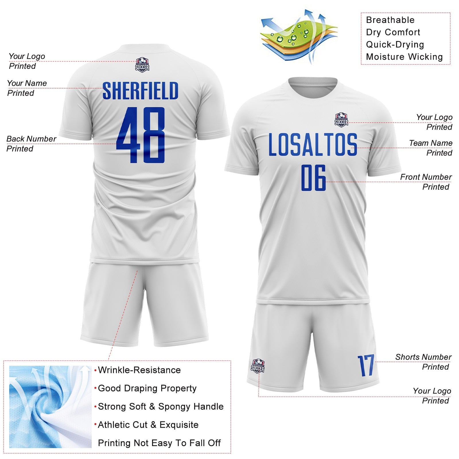 Custom White Thunder Blue Sublimation Soccer Uniform Jersey view 4