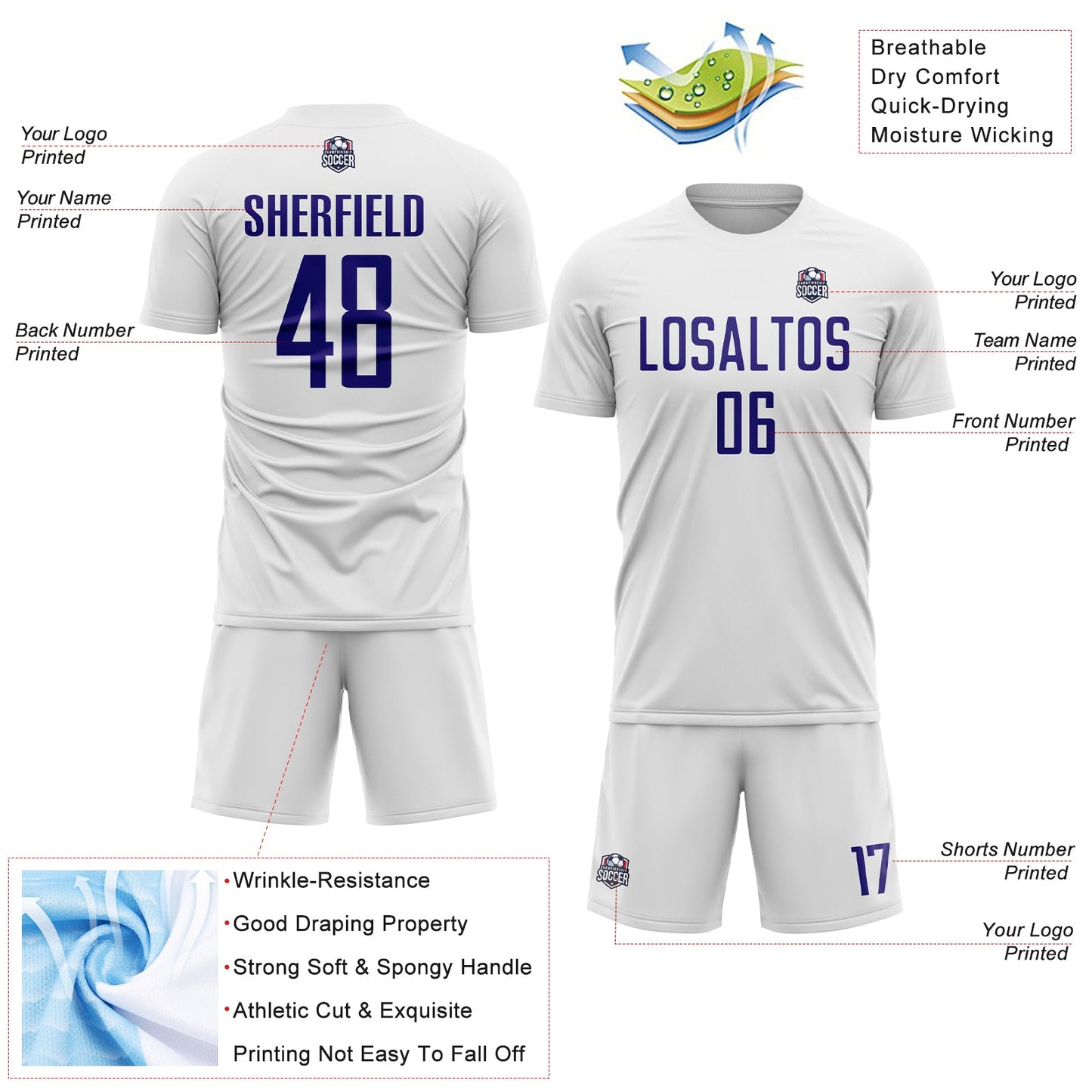 Custom White Dark Purple Sublimation Soccer Uniform Jersey view 4