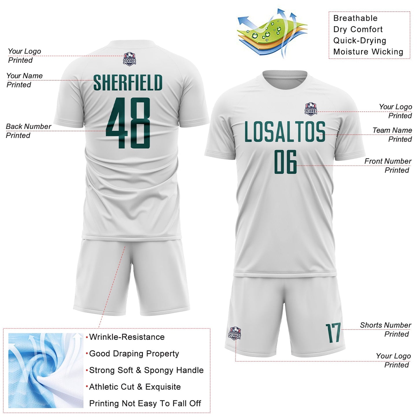 Custom White Midnight Green Sublimation Soccer Uniform Jersey view 4