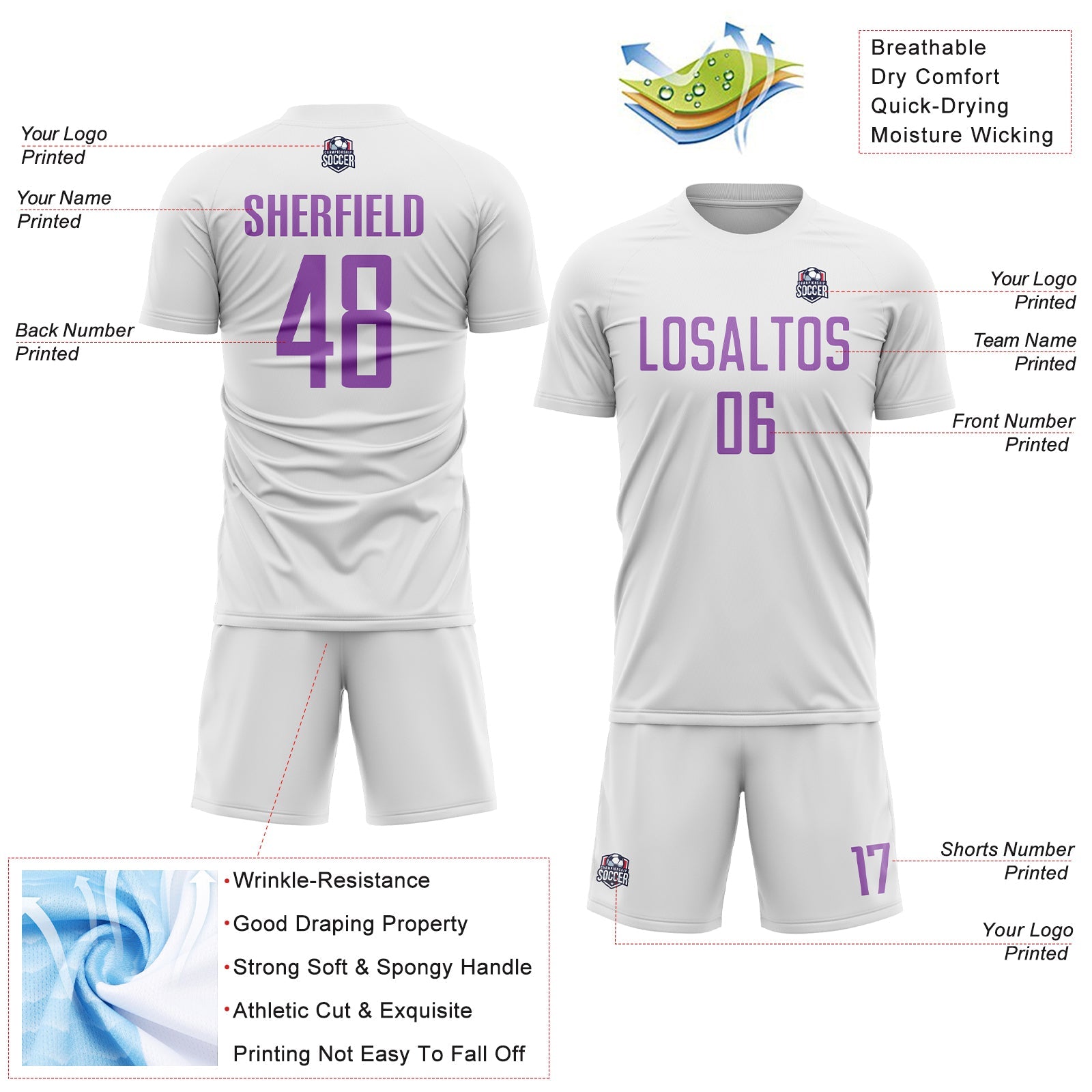 Custom White Medium Purple Sublimation Soccer Uniform Jersey view 4