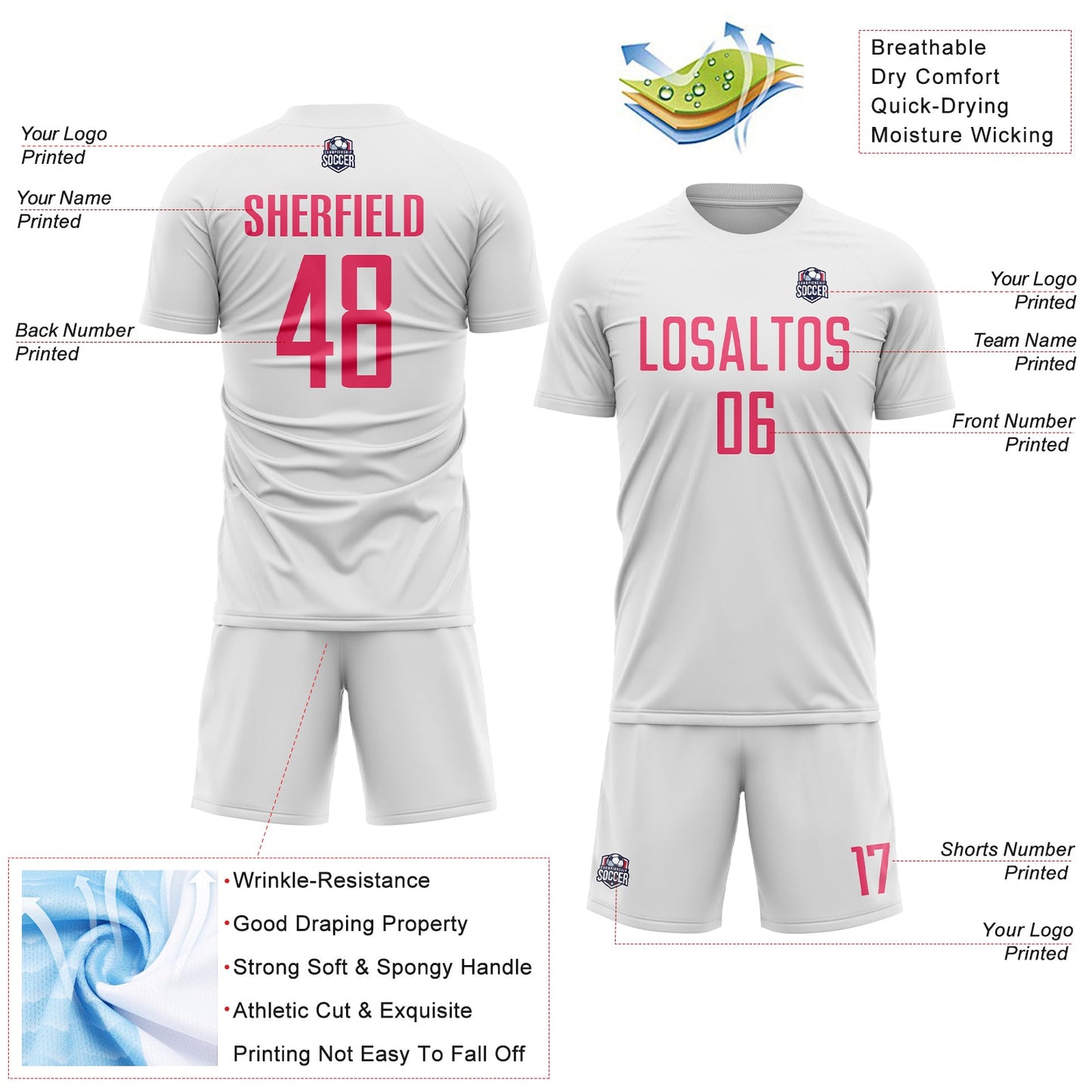 Custom White Neon Pink Sublimation Soccer Uniform Jersey view 4
