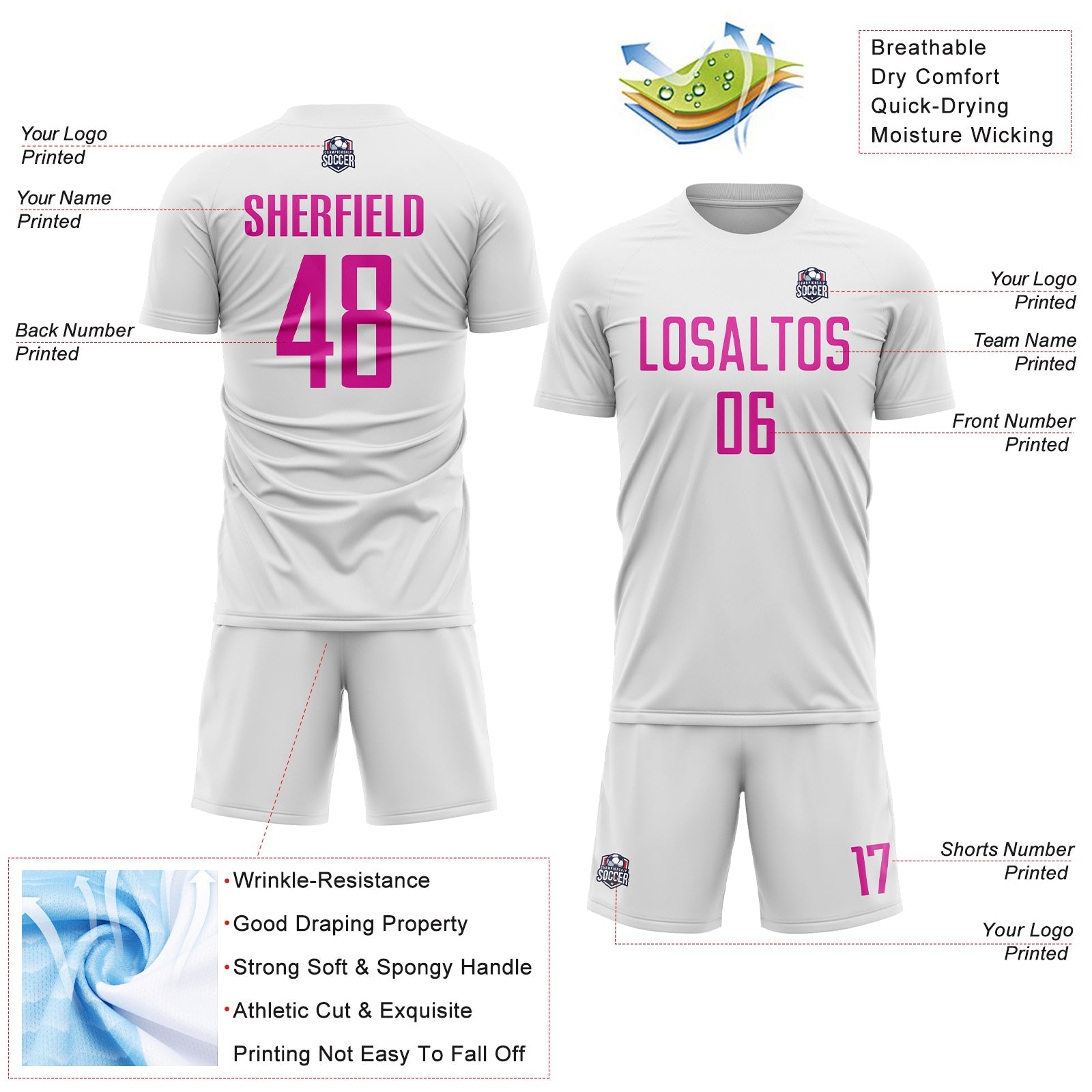 Custom White Deep Pink Sublimation Soccer Uniform Jersey view 4