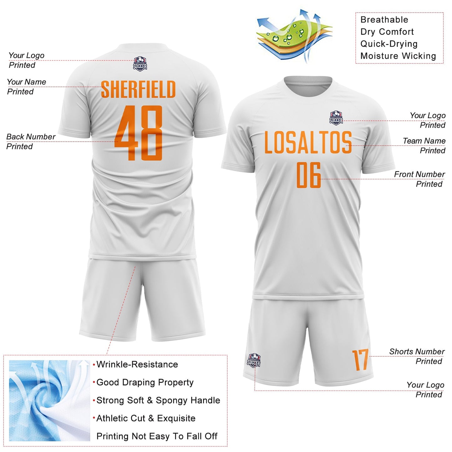 Custom White Bay Orange Sublimation Soccer Uniform Jersey view 4