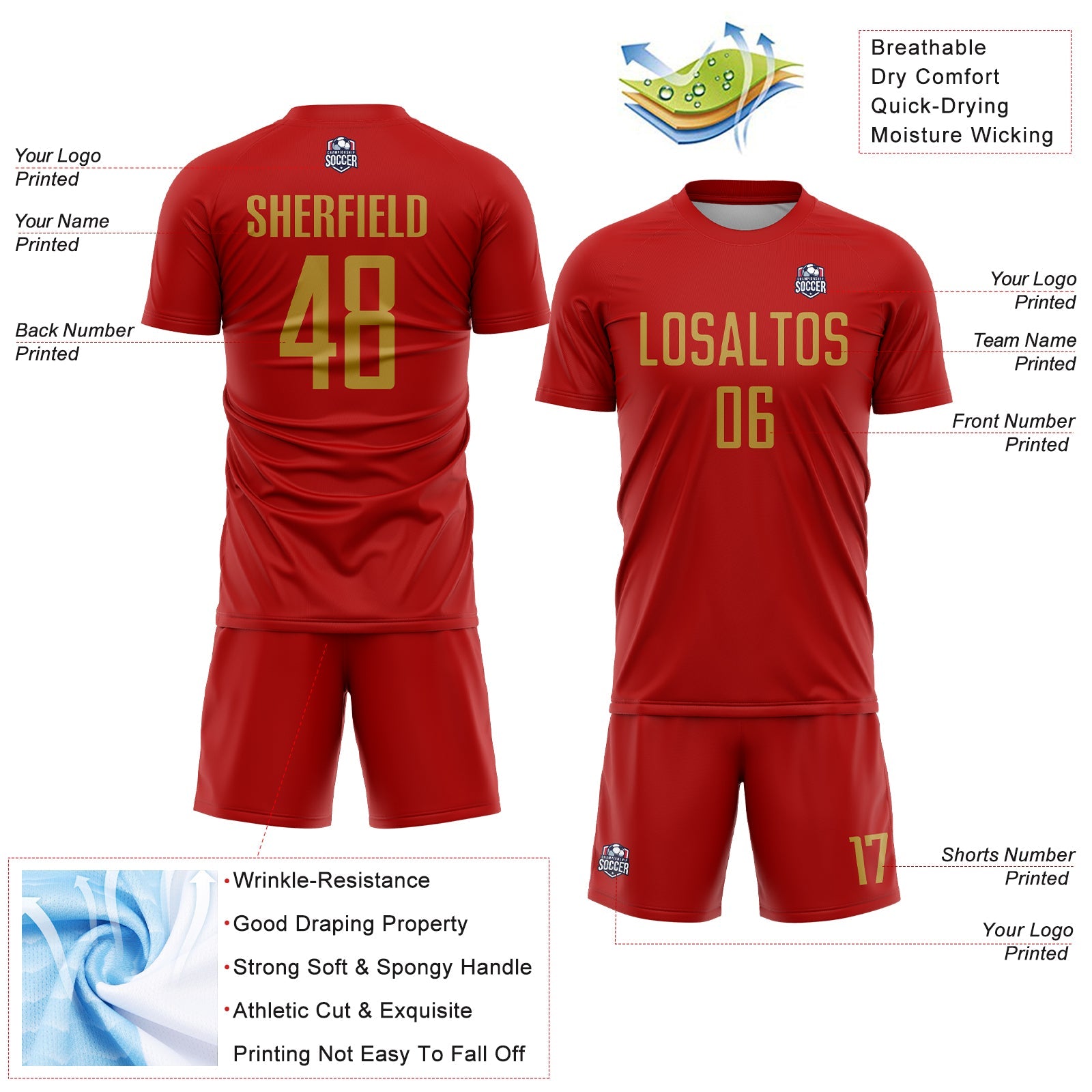 Custom Red Old Gold Sublimation Soccer Uniform Jersey view 4