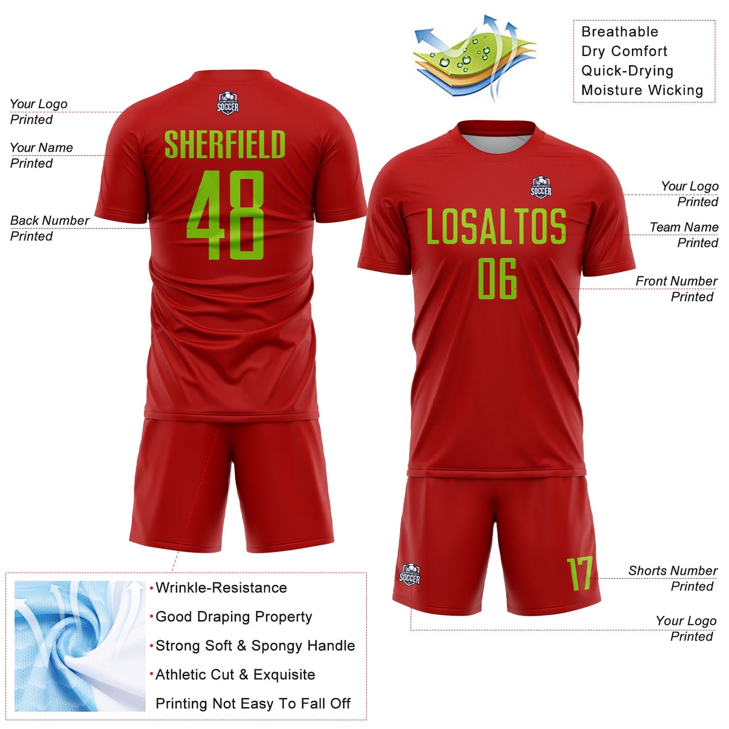 Custom Red Neon Green Sublimation Soccer Uniform Jersey view 4