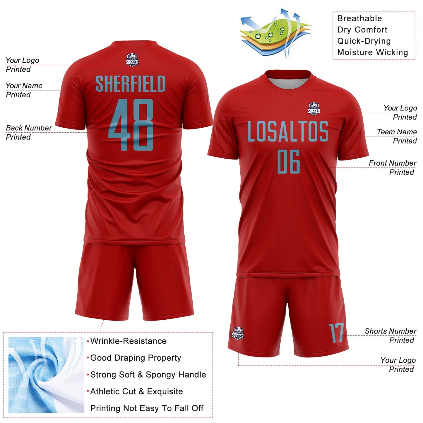Custom Red Shadow Blue Sublimation Soccer Uniform Jersey view 4