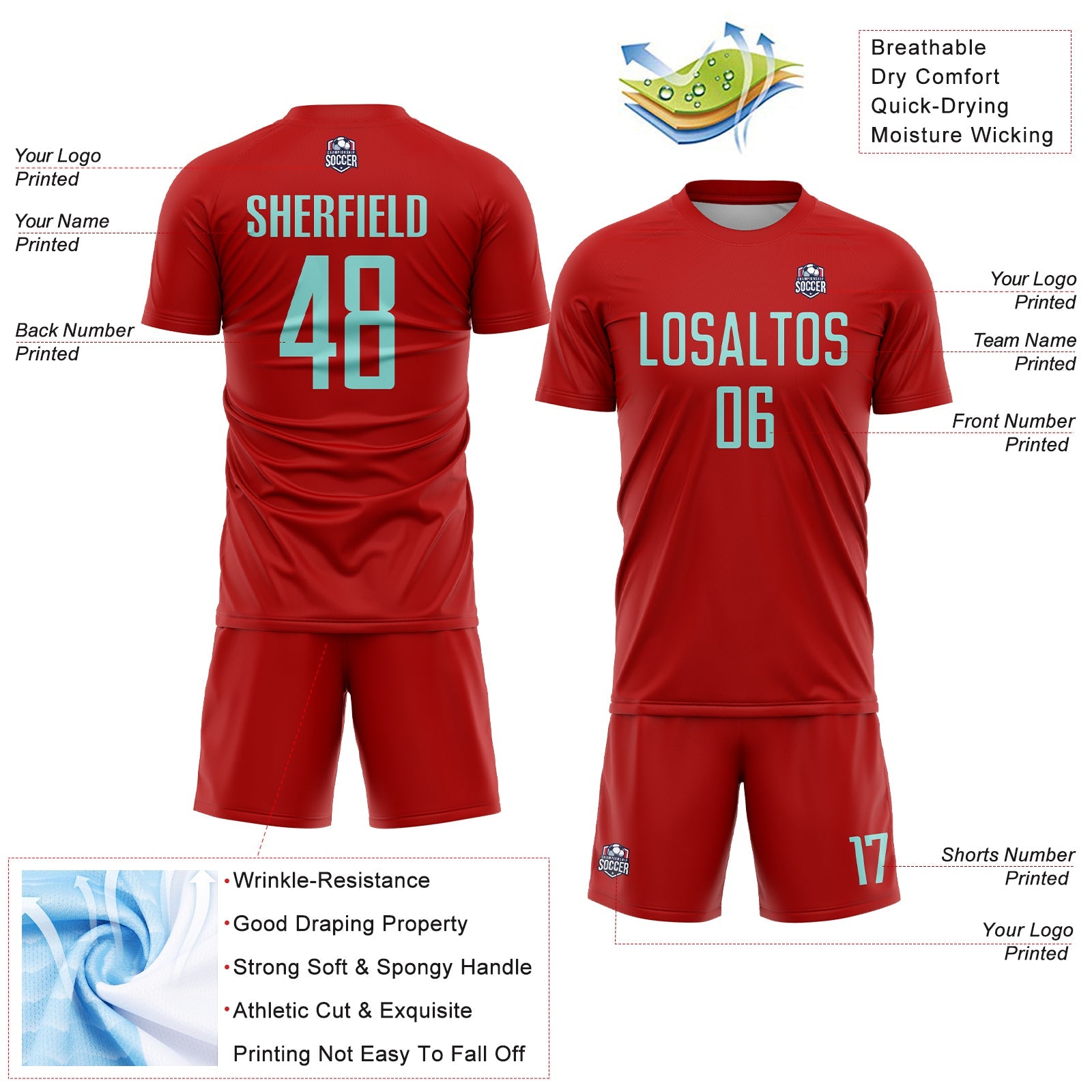 Custom Red Ice Blue Sublimation Soccer Uniform Jersey view 4