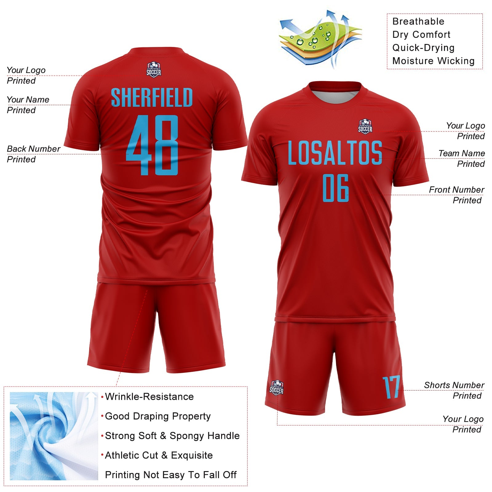Custom Red Sky Blue Sublimation Soccer Uniform Jersey view 4