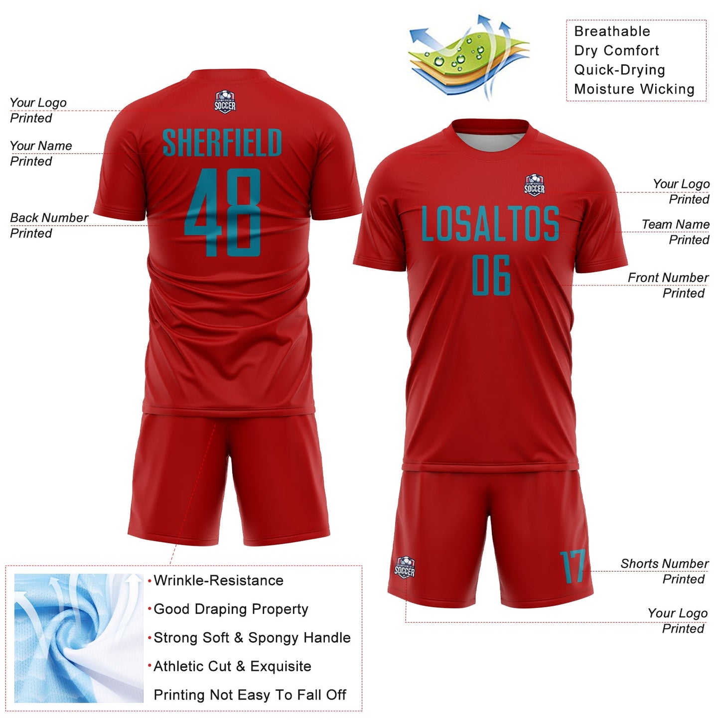 Custom Red Teal Sublimation Soccer Uniform Jersey view 4