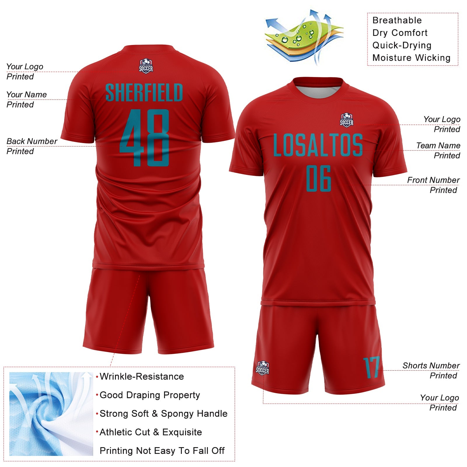 Custom Red Teal Sublimation Soccer Uniform Jersey view 4