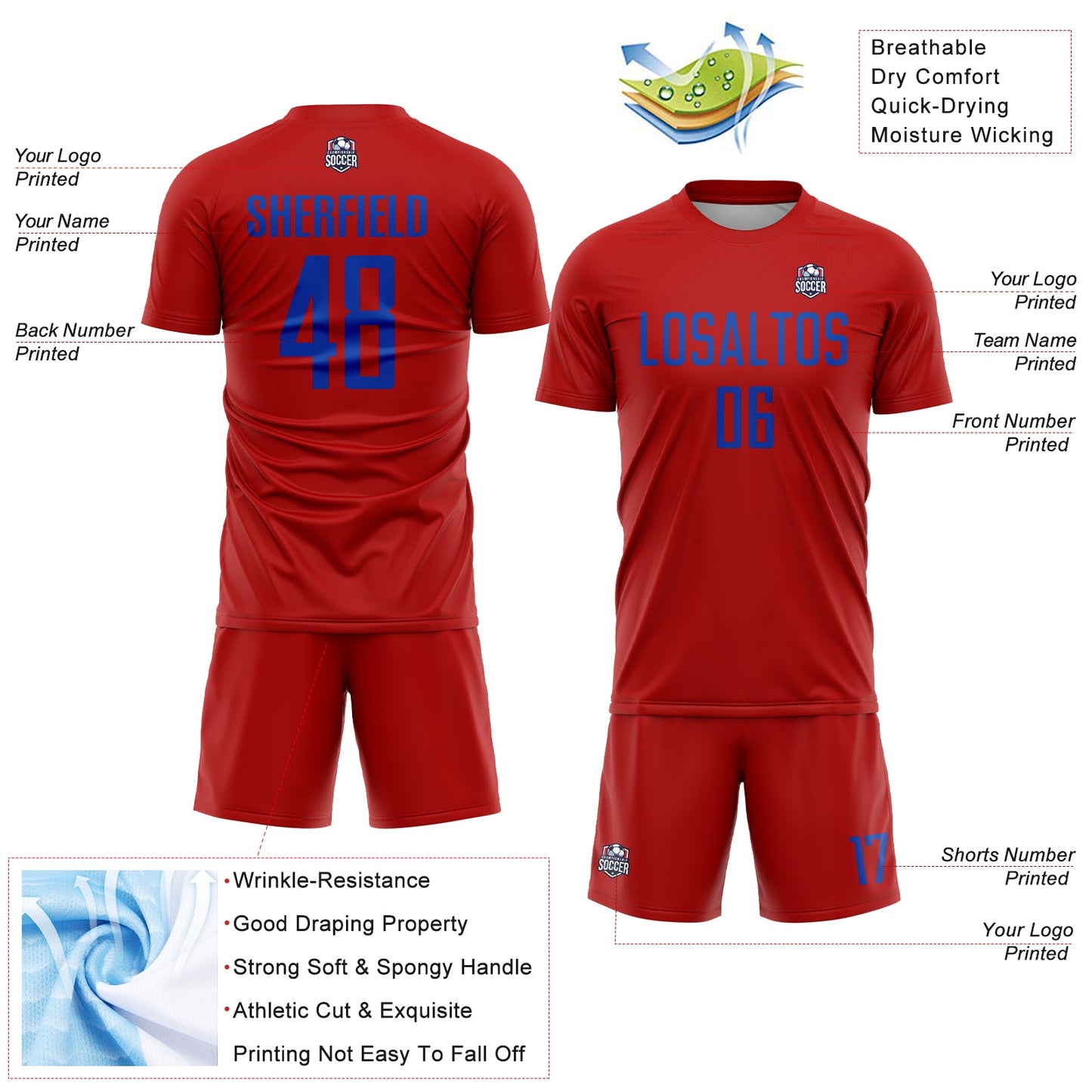 Custom Red Thunder Blue Sublimation Soccer Uniform Jersey view 4