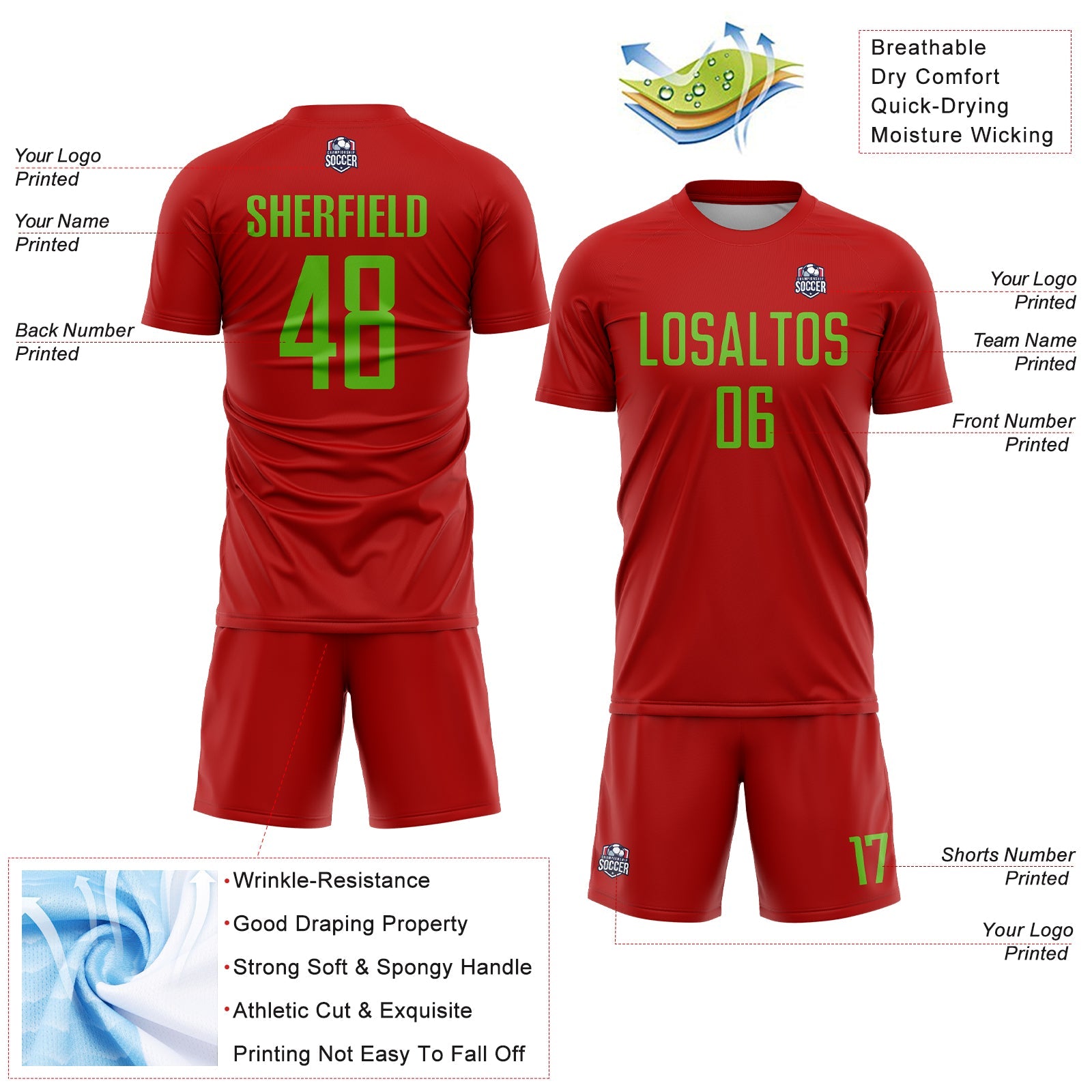 Custom Red Aurora Green Sublimation Soccer Uniform Jersey view 4