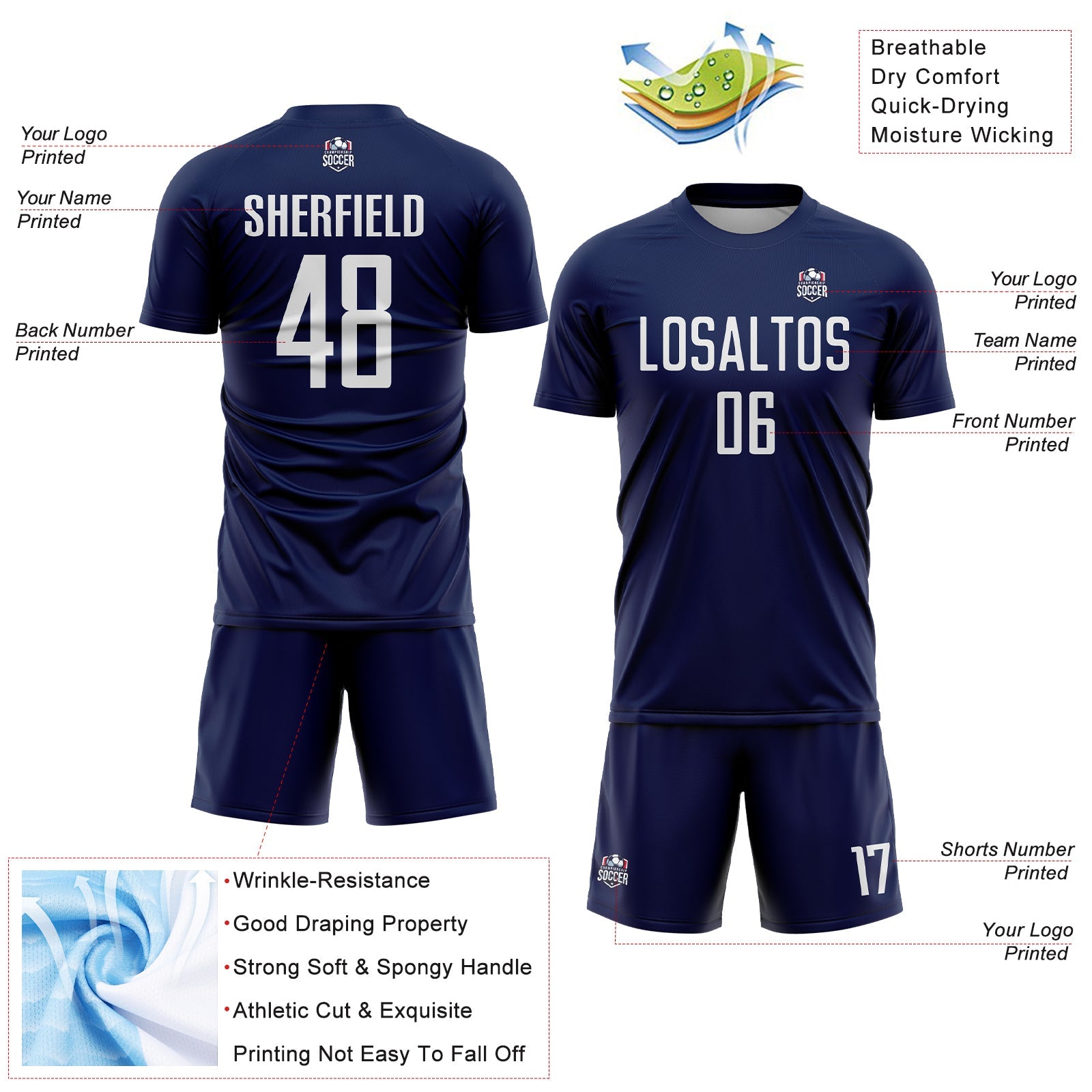 Custom Navy White Sublimation Soccer Uniform Jersey view 4