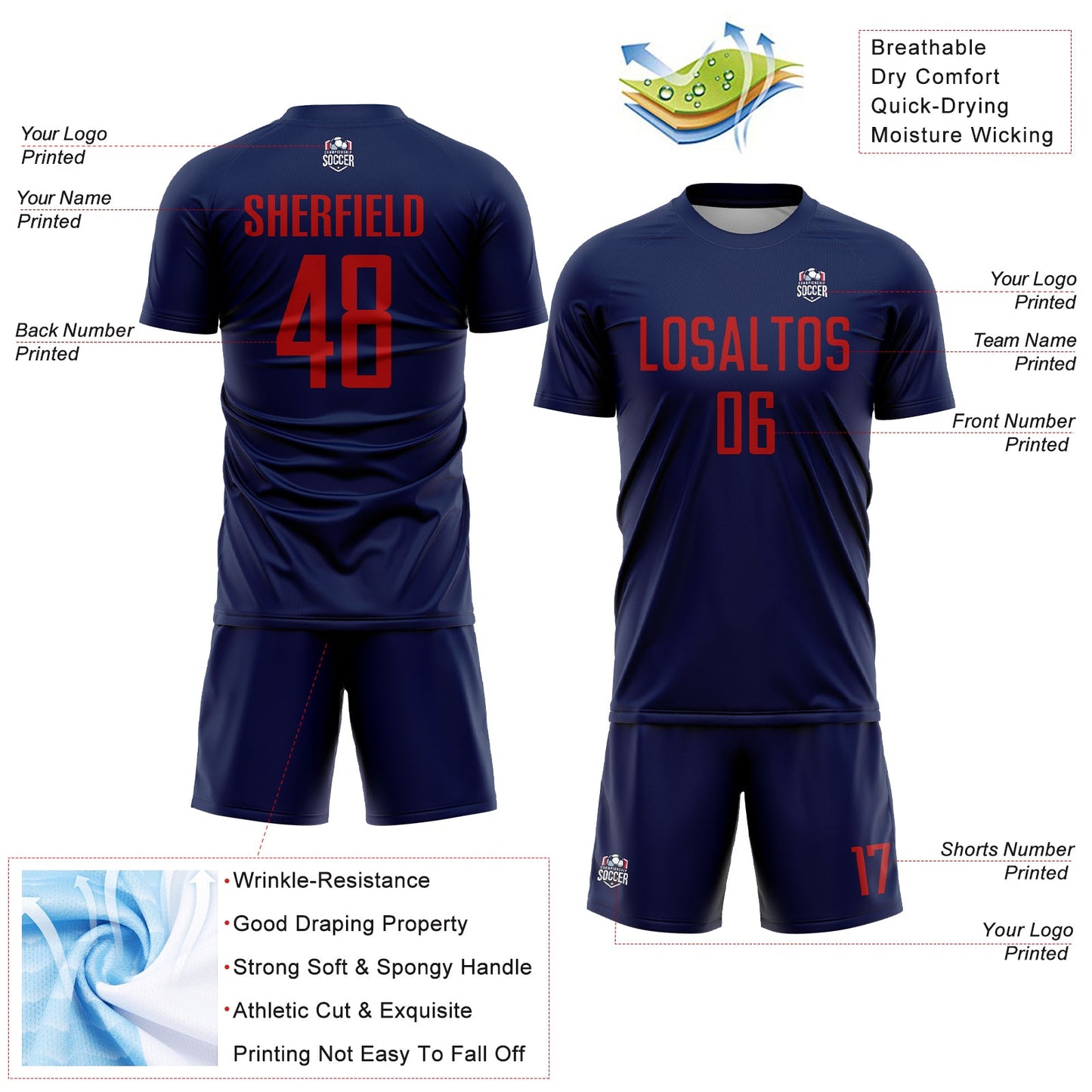 Custom Navy Red Sublimation Soccer Uniform Jersey view 4