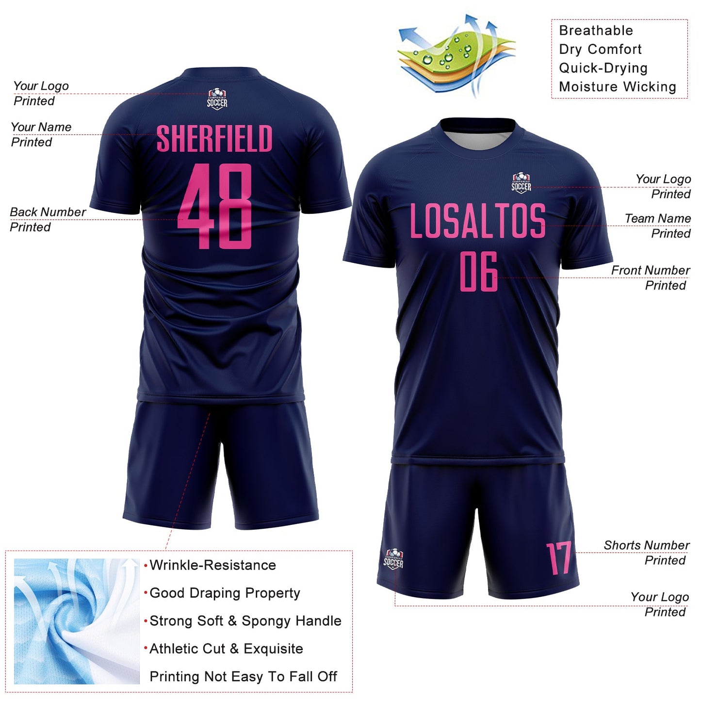 Custom Navy Pink Sublimation Soccer Uniform Jersey view 4