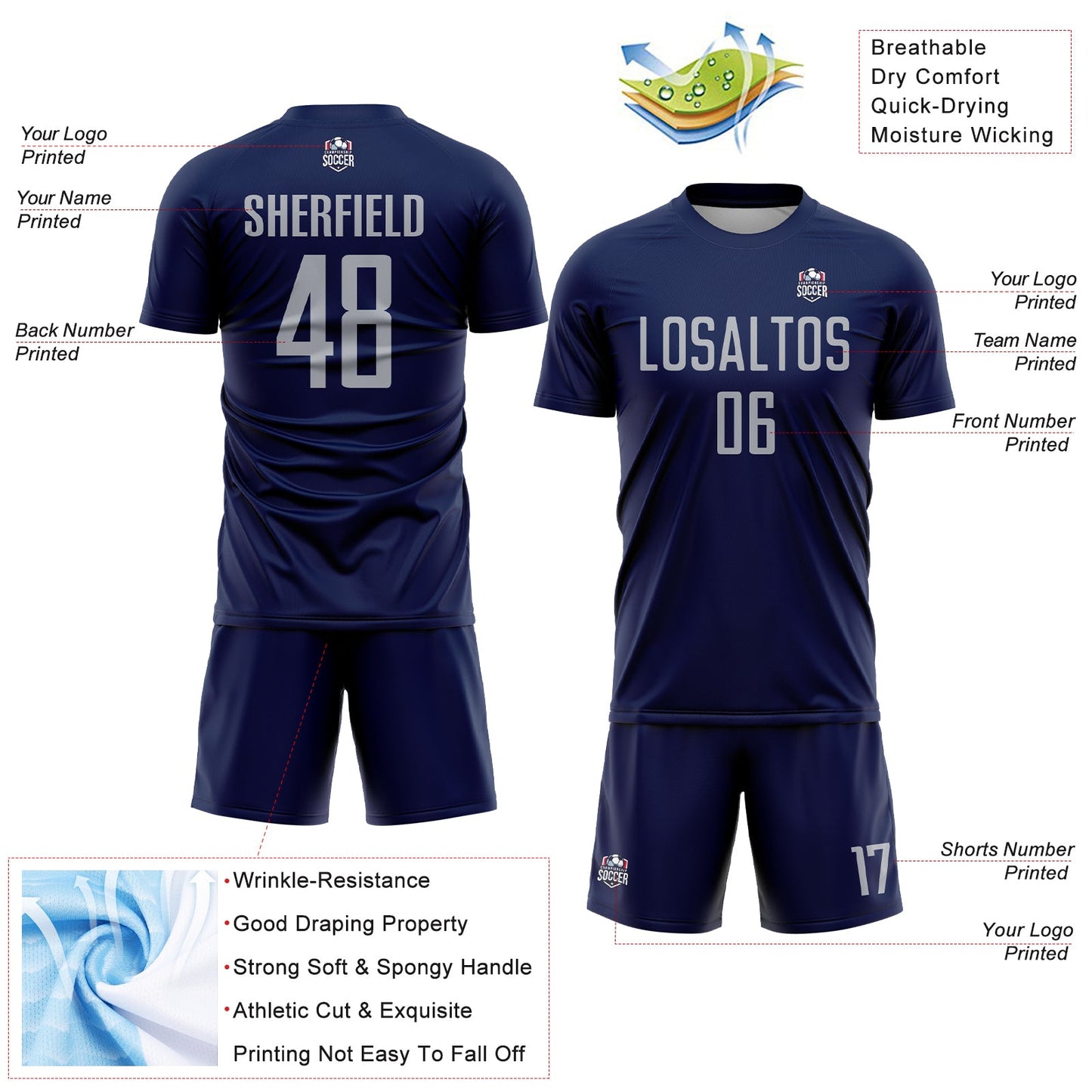 Custom Navy Gray Sublimation Soccer Uniform Jersey view 4
