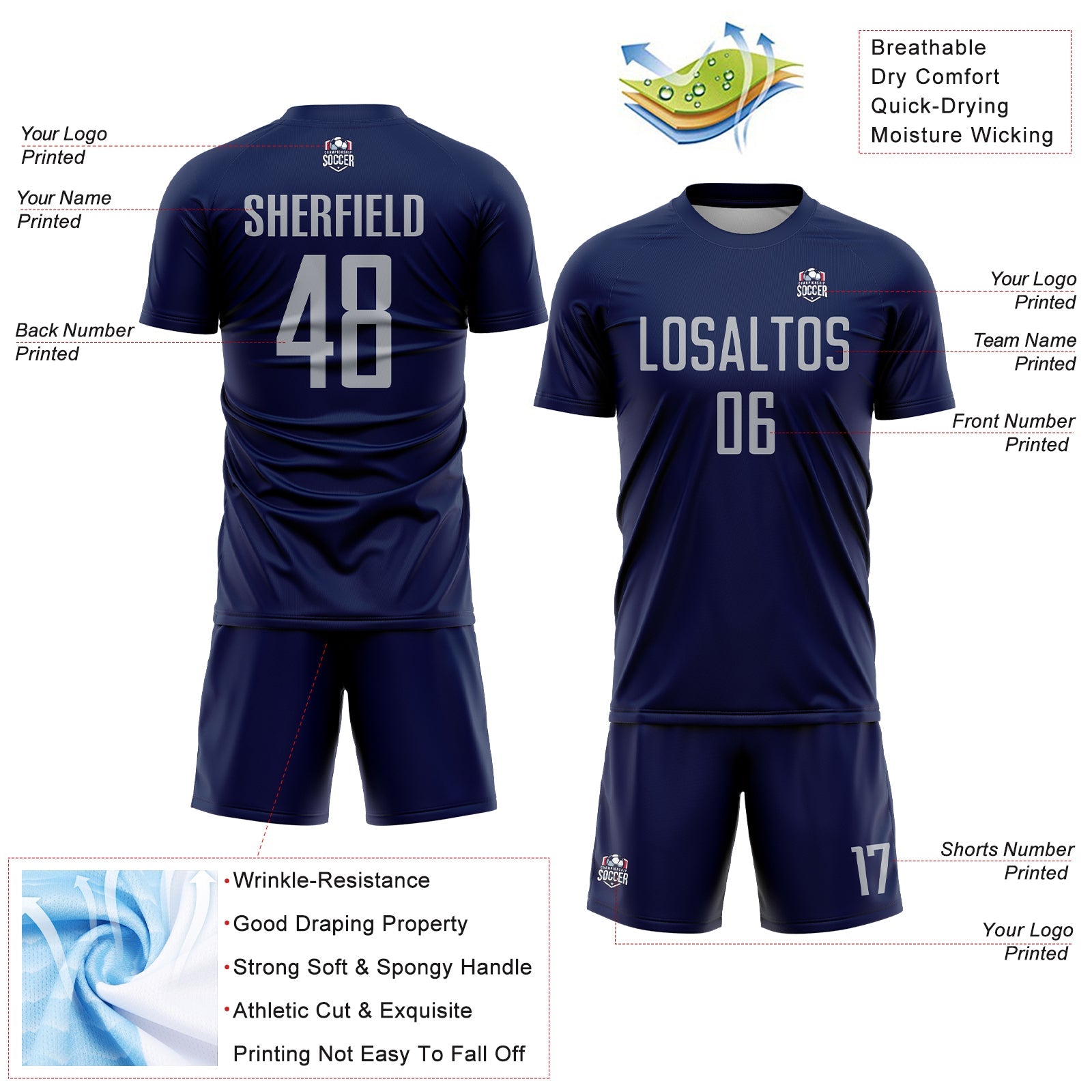 Custom Navy Gray Sublimation Soccer Uniform Jersey view 4
