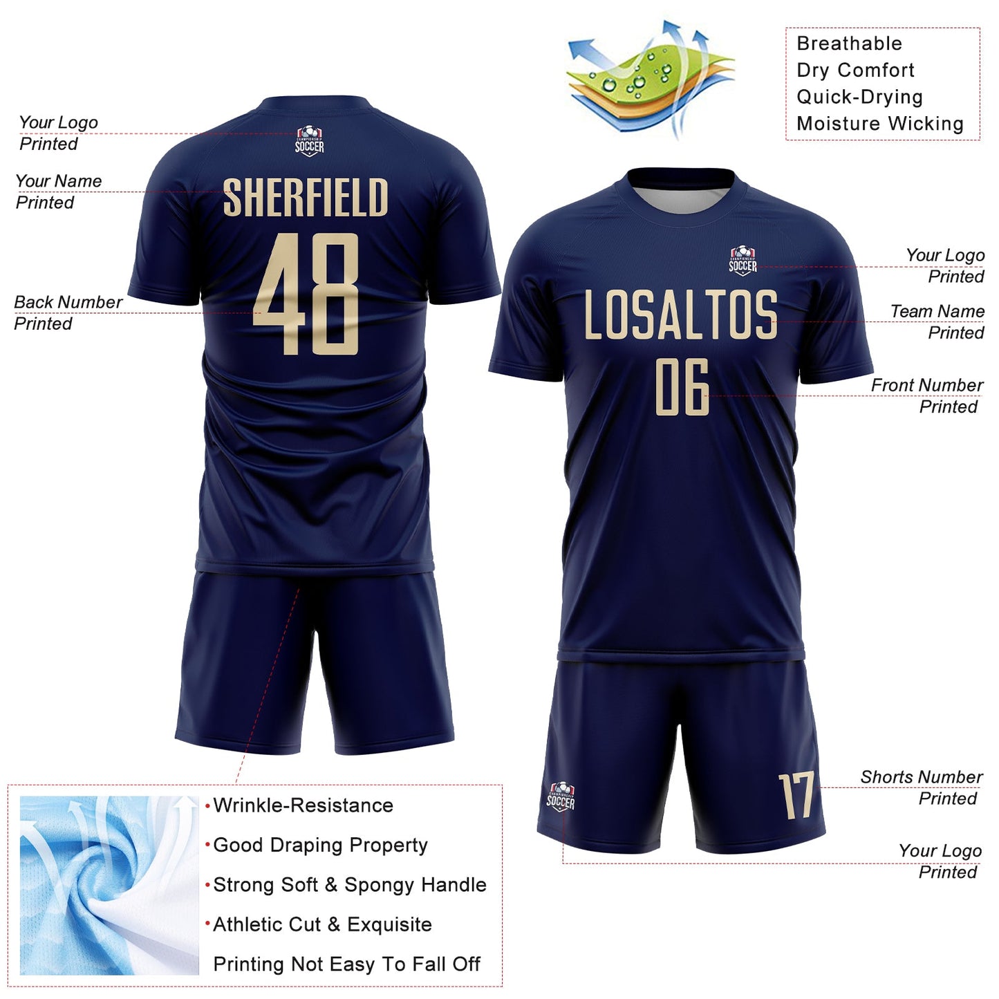Custom Navy Cream Sublimation Soccer Uniform Jersey view 4