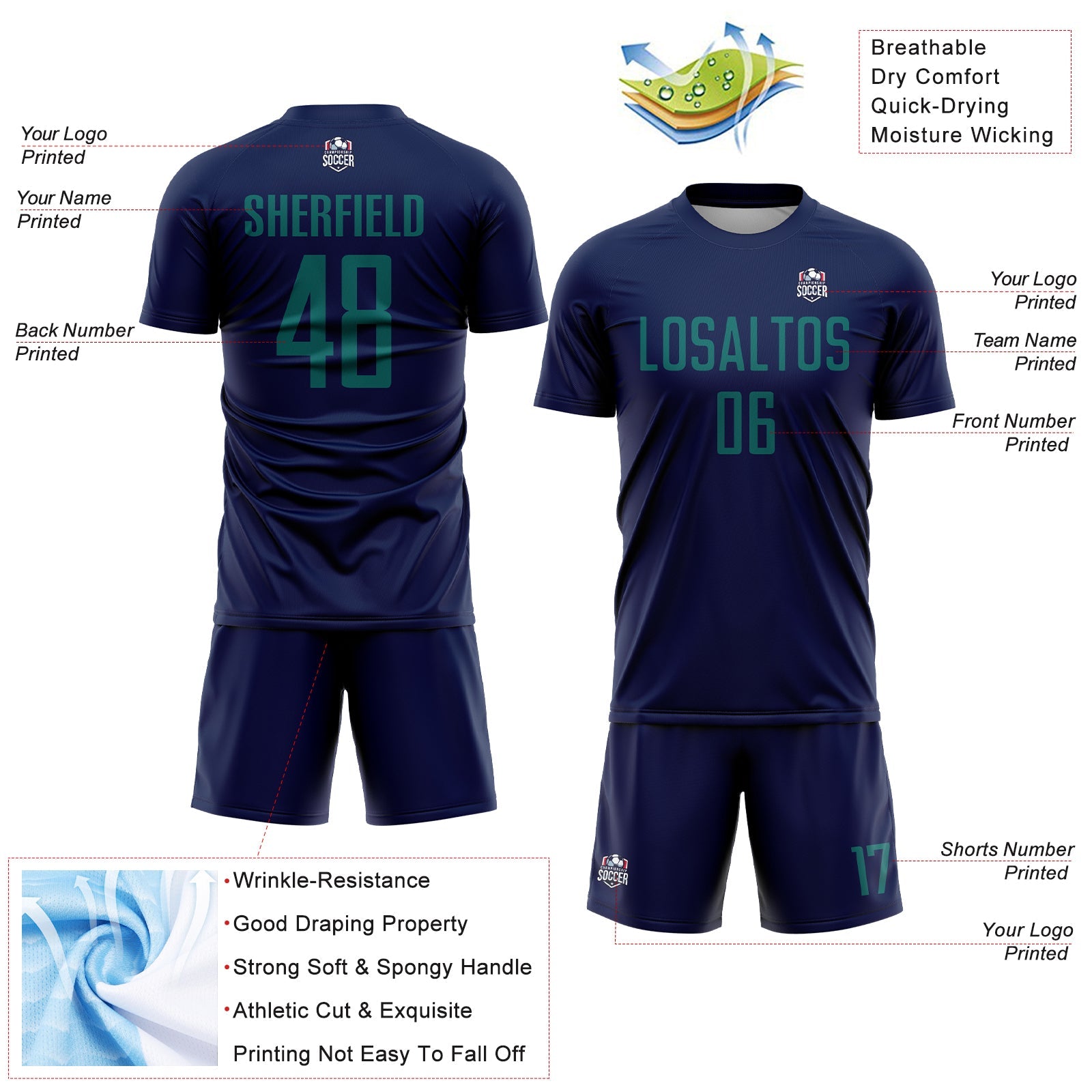 Custom Navy Teal Sublimation Soccer Uniform Jersey view 4