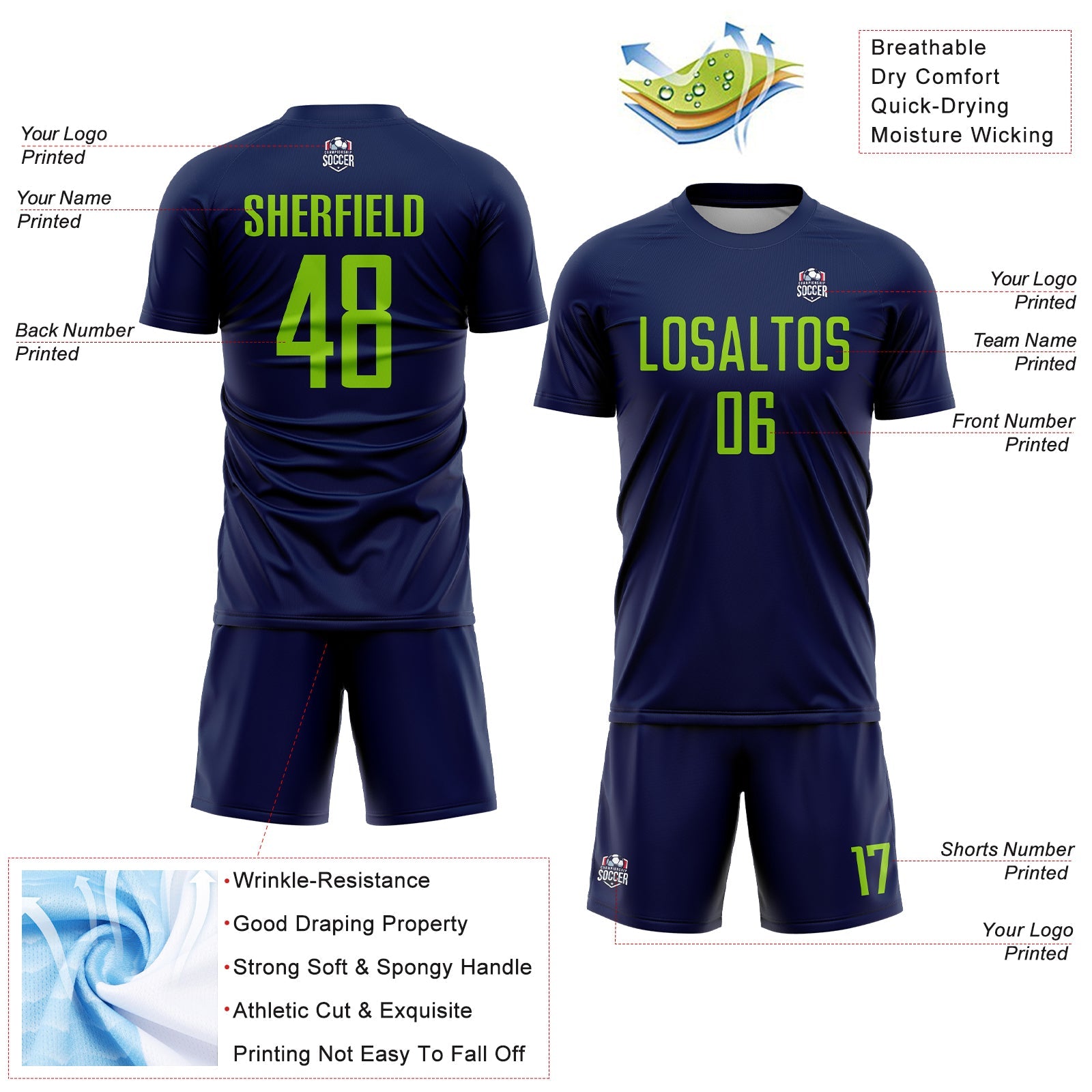 Custom Navy Neon Green Sublimation Soccer Uniform Jersey view 4