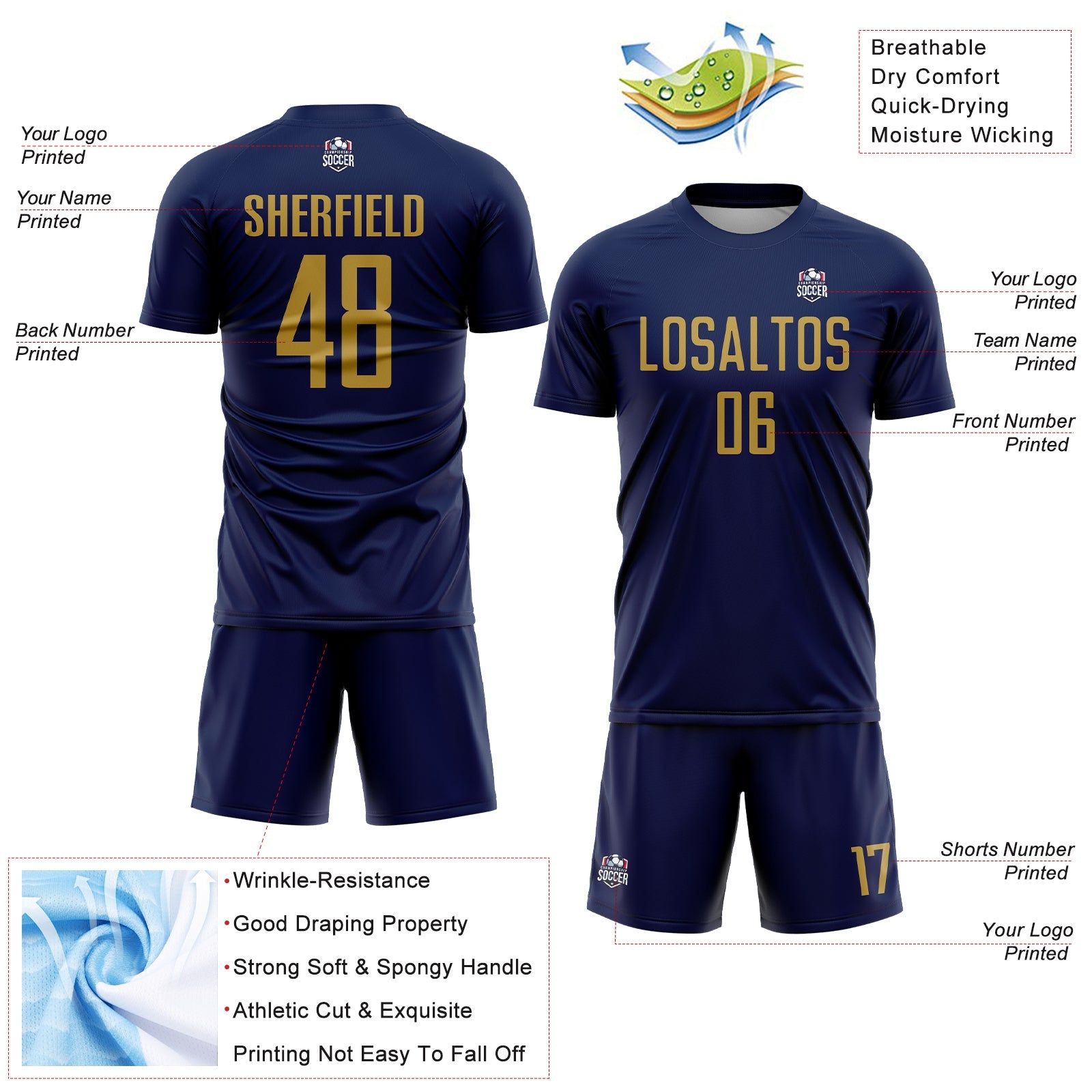 Custom Navy Old Gold Sublimation Soccer Uniform Jersey view 4