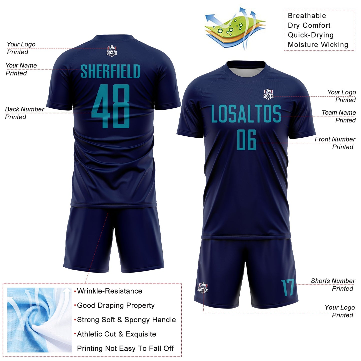 Custom Navy Teal Sublimation Soccer Uniform Jersey view 4