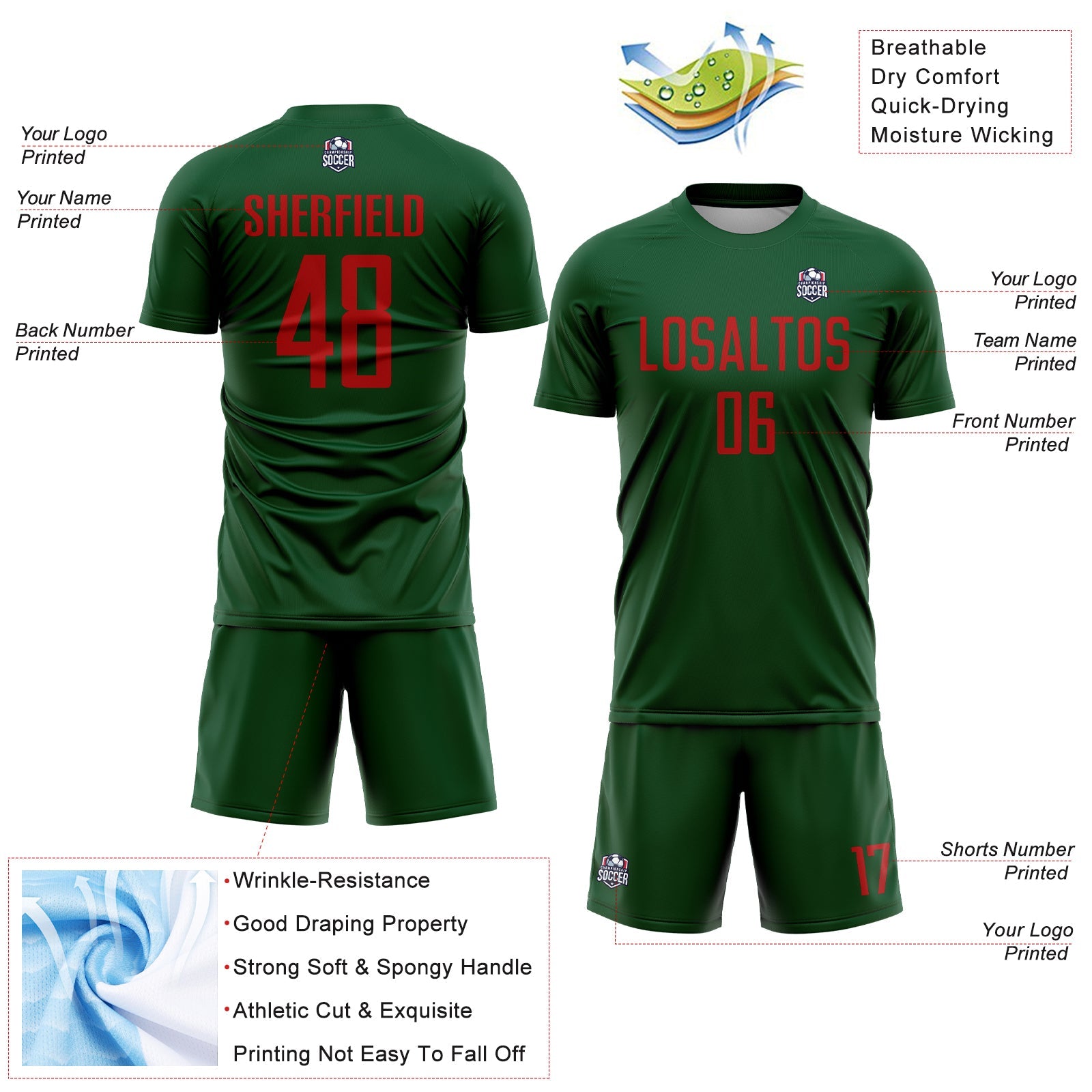 Custom Green Red Sublimation Soccer Uniform Jersey view 4
