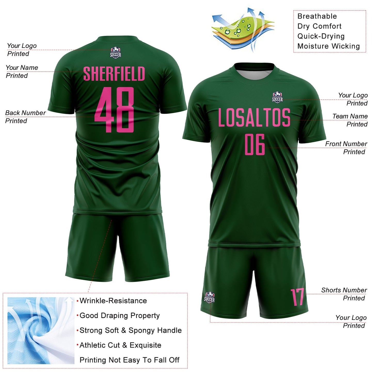 Custom Green Pink Sublimation Soccer Uniform Jersey view 4